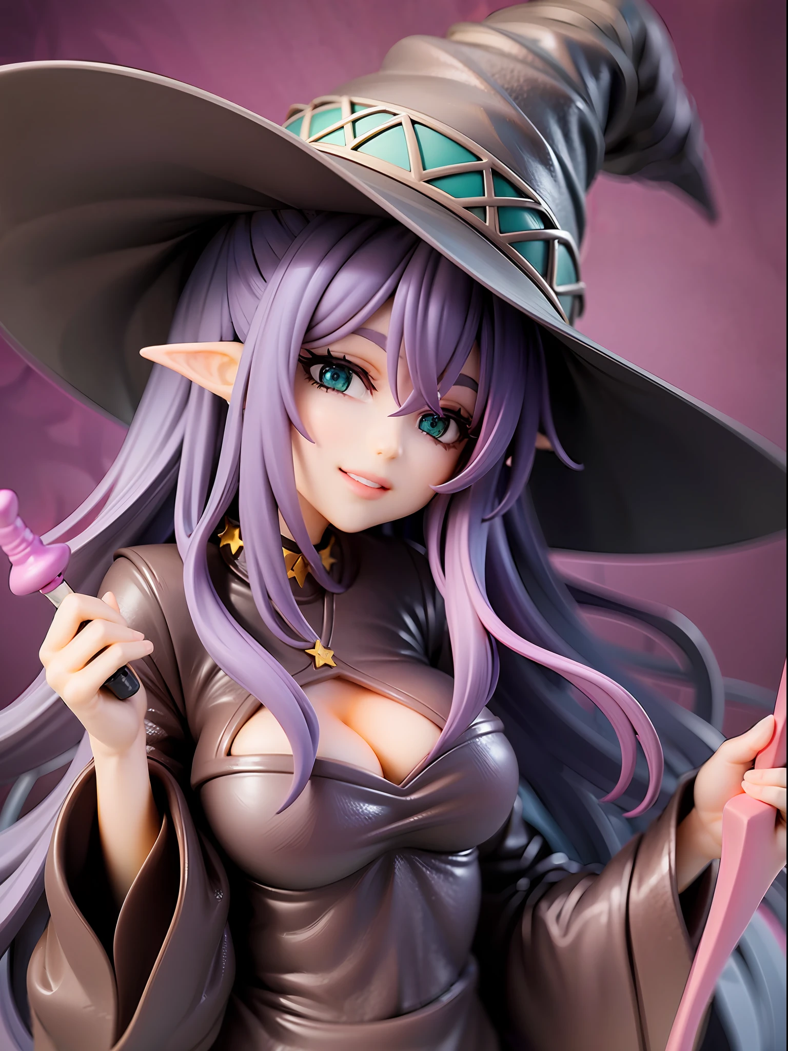 Witch, purple, black, mysterious, beautiful green eyes, closed mouth, smile, robe with star patterns, silver long hair, holding a magic wand, dark forest background, witch hat,