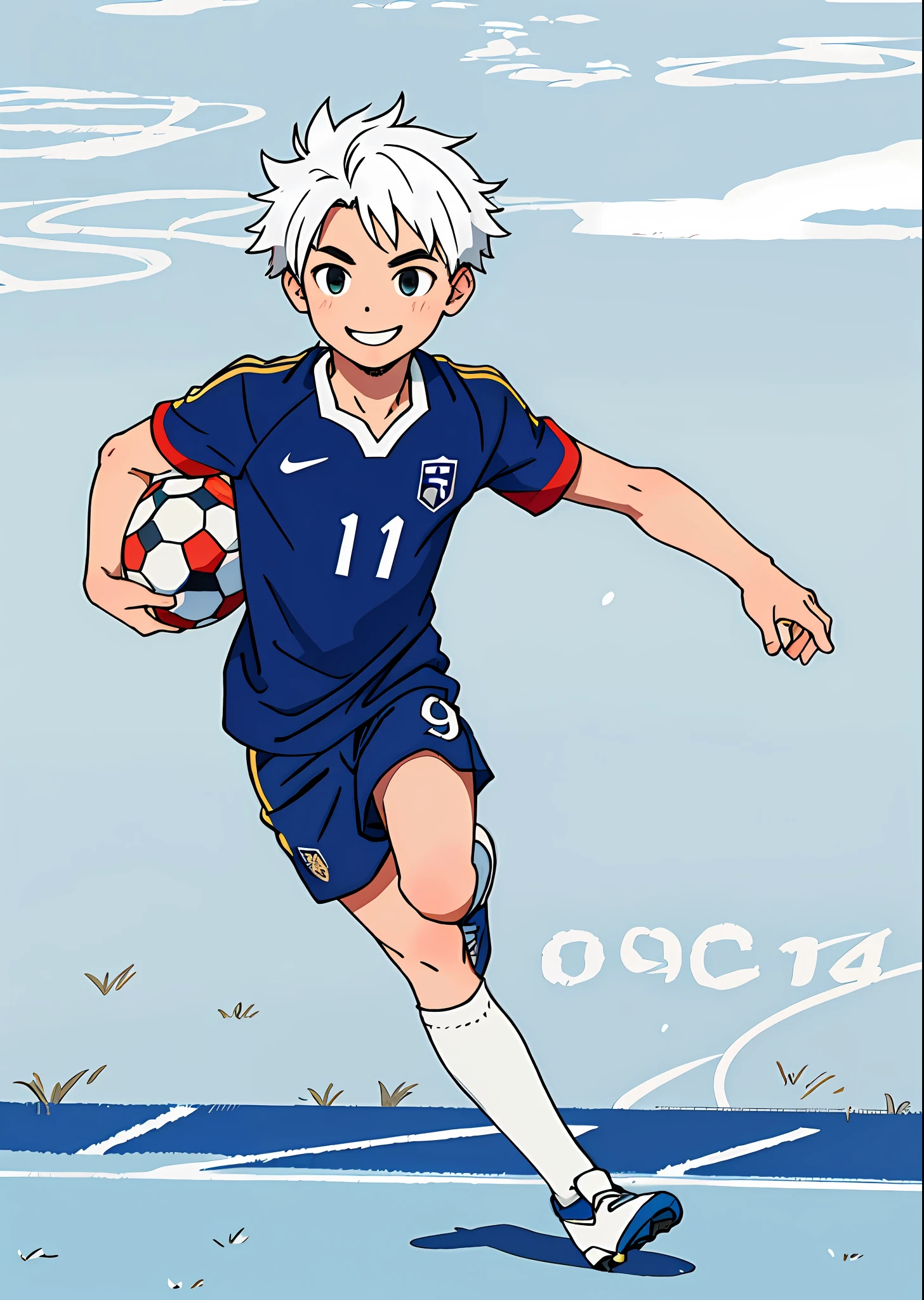 boy (19 years old),short white hair messy,9sface,sportswear, full body, soccer,soccer field,holding the ball,japanese national team shirt,smiling looking at the spectator. detailed 8k art