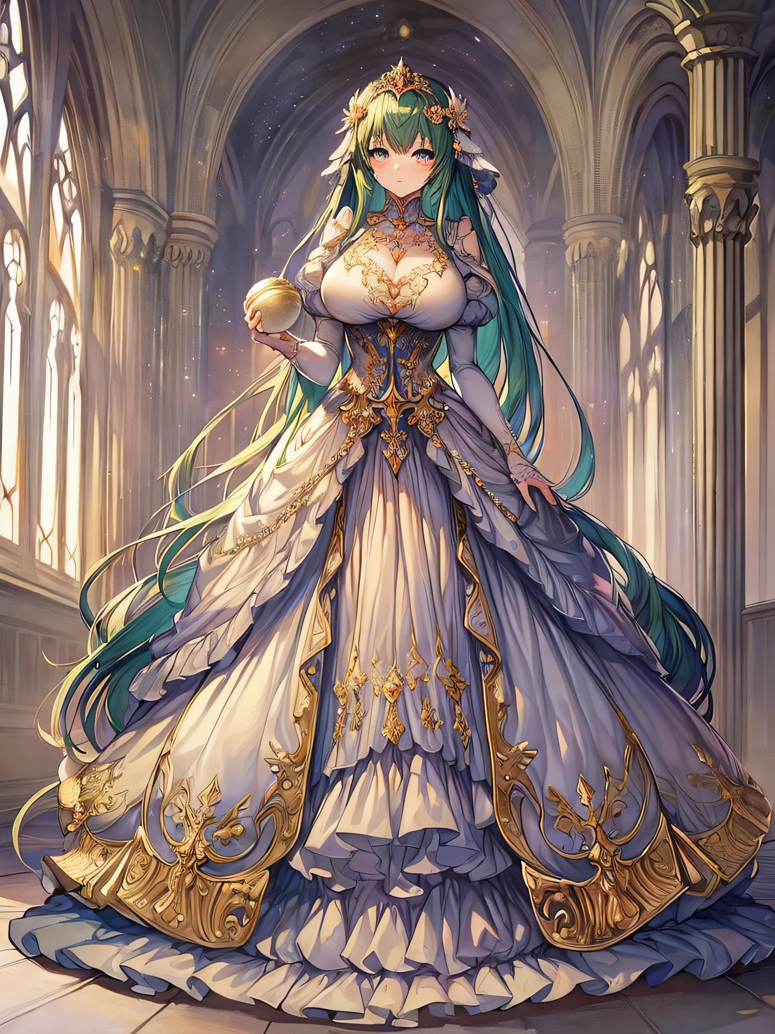 ((anime moe artstyle)),((Masterpiece)), (Best Quality), (Super Detail),Illustration,(((Very Delicate and Beautiful))),Dynamic Angle,Looking at viewer,((((Solo)))),((Full body)),((1 cute princess in gorgeous ball gown)),(standing),(absolutely Very Long Hair),(gigantic breasts,Huge breasts,Bulging breasts,Long breasts),voluminous ball gown,jeweled ornaments,