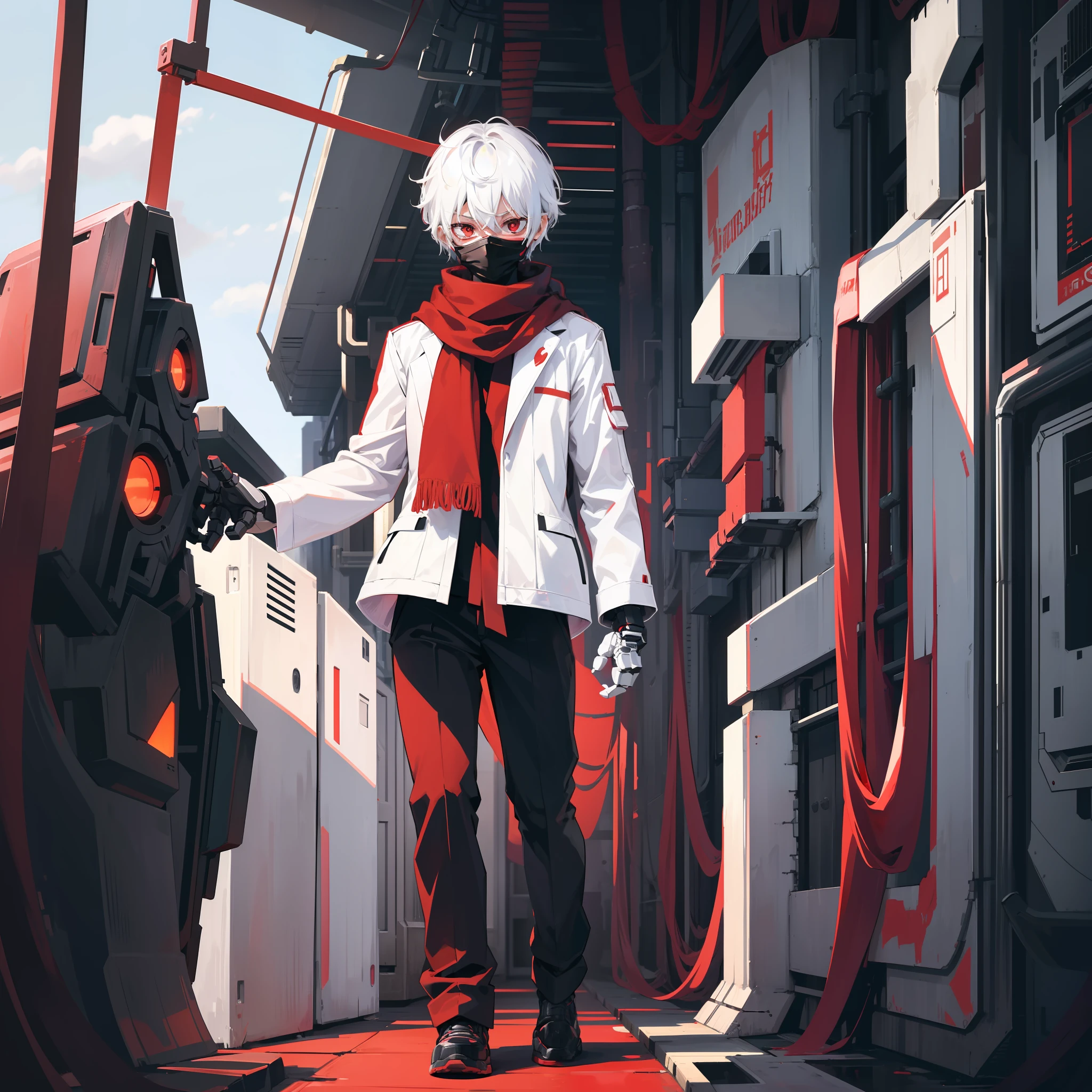 1boy, short white hair, red eyes,black mask, black with white combat suit,robotic arms,black pants,black shoes,robotic arms on back,long red scarf