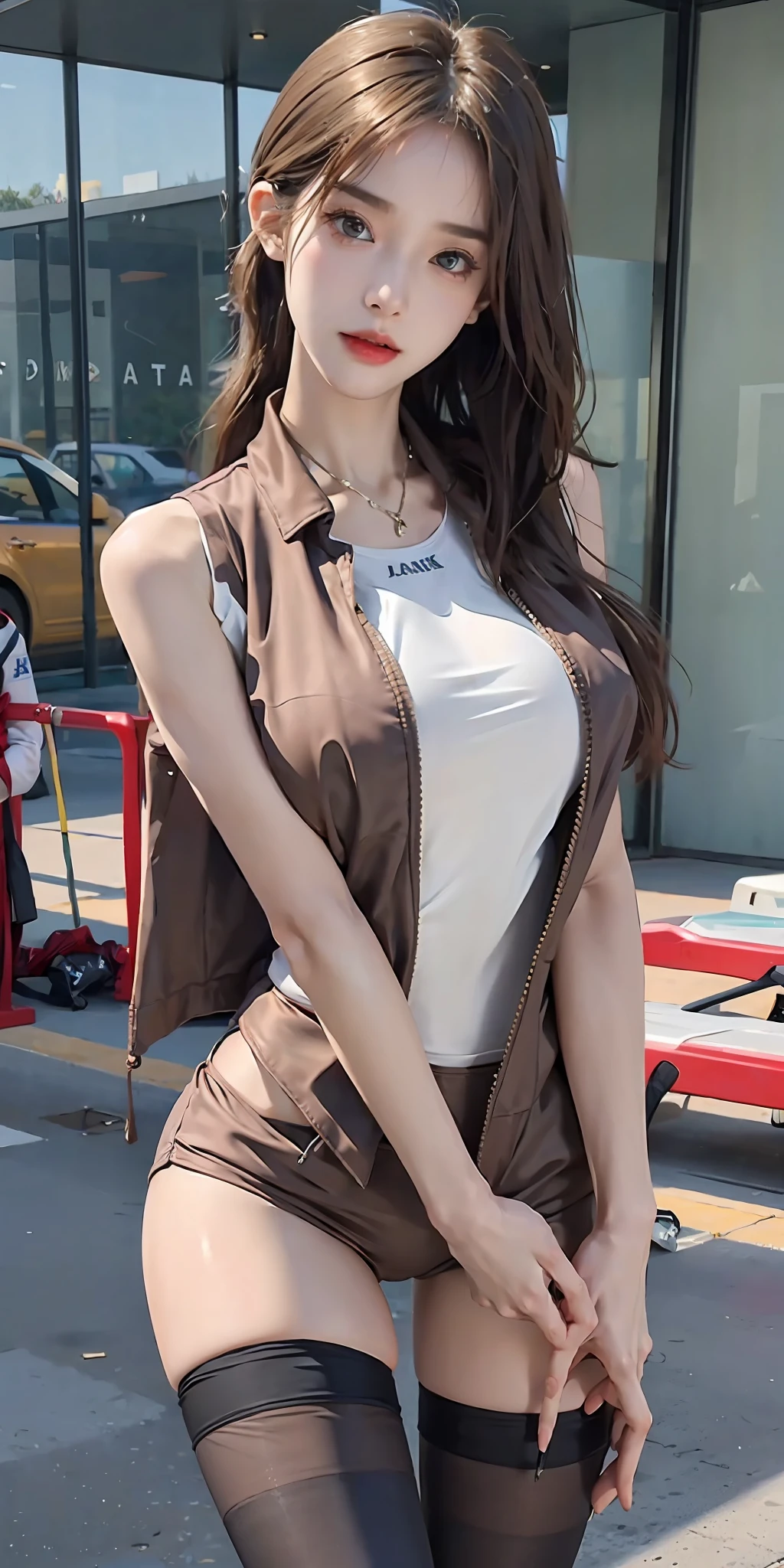 (Masterpiece: 1.2, Best Quality), Realism, (Real Pictures, Intricate Details, Depth of Field), (1girl, Solo), Makeup, Lips Apart, High Detail, (((Perfect Face))), (Huge Tits: 1.4), (Skindentation), ((Slender Legs)), Wide Buttocks, Thin Waist, Tall, Coral Lips, Long Hair, Dark Eyes, ((Beauty in Racing Suit, Short Vest, Exposed Slender Waist, Shorts, Slender Legs, Stockings, Enchanting Figure)), ( Sweating: 1.2), (wet), sexy, blush,