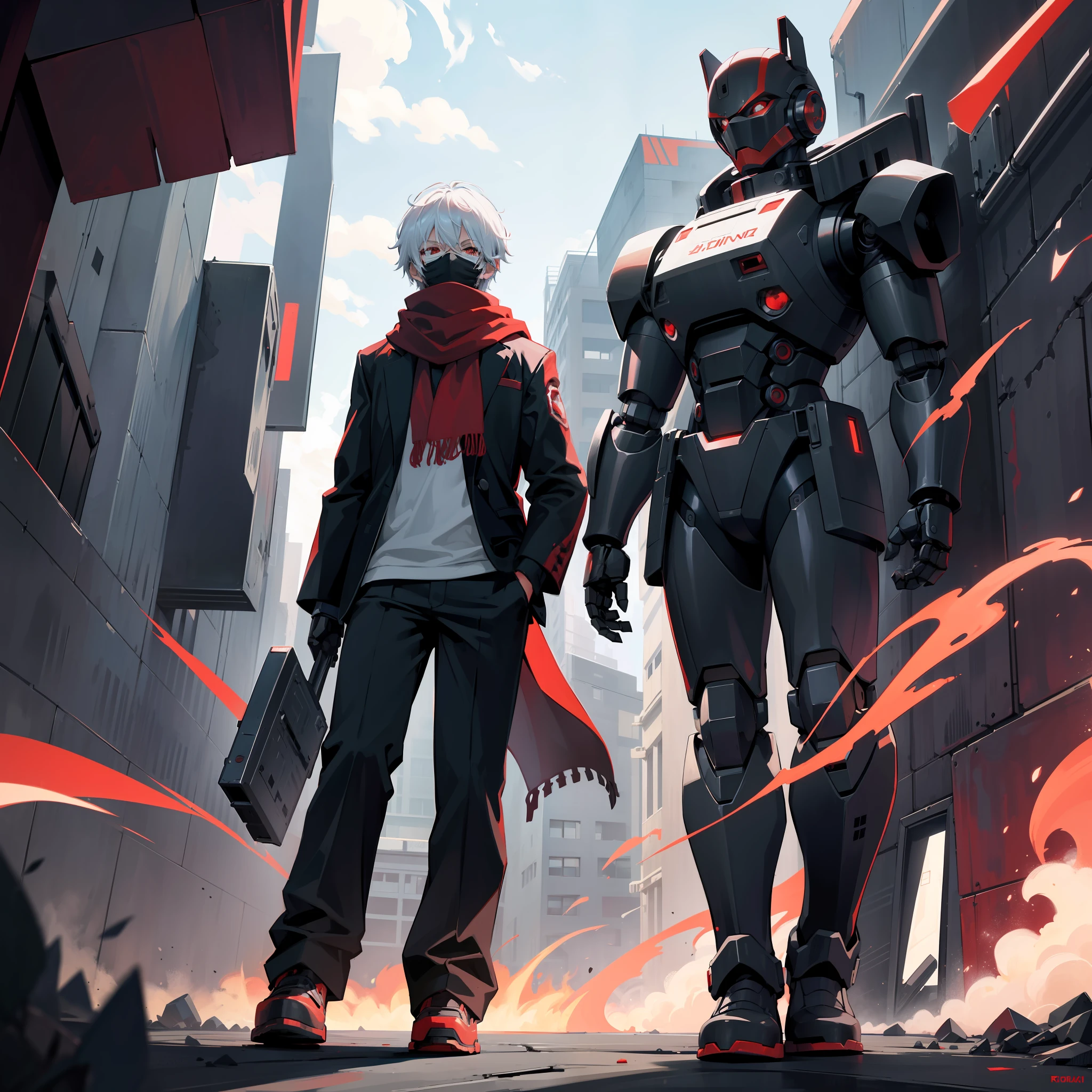 1boy, short white hair, red eyes,black mask, black with white combat suit,robotic arms,black pants,black shoes,robotic arms on back,long red scarf
