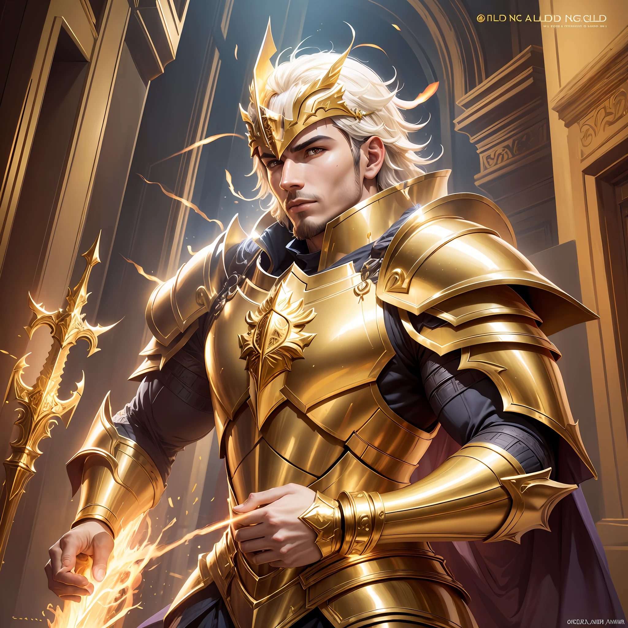 arafed male in armor with a sword and a glowing flame, paladin golden armor, golden armor, gold paladin, artgerm jsc, golden armour, angelic golden armor, golden armor wearing, wearing golden armor, gold heavy armor. dramatic, gold armor, artgerm. high detail, extremely detailed artgerm, wearing gold armor