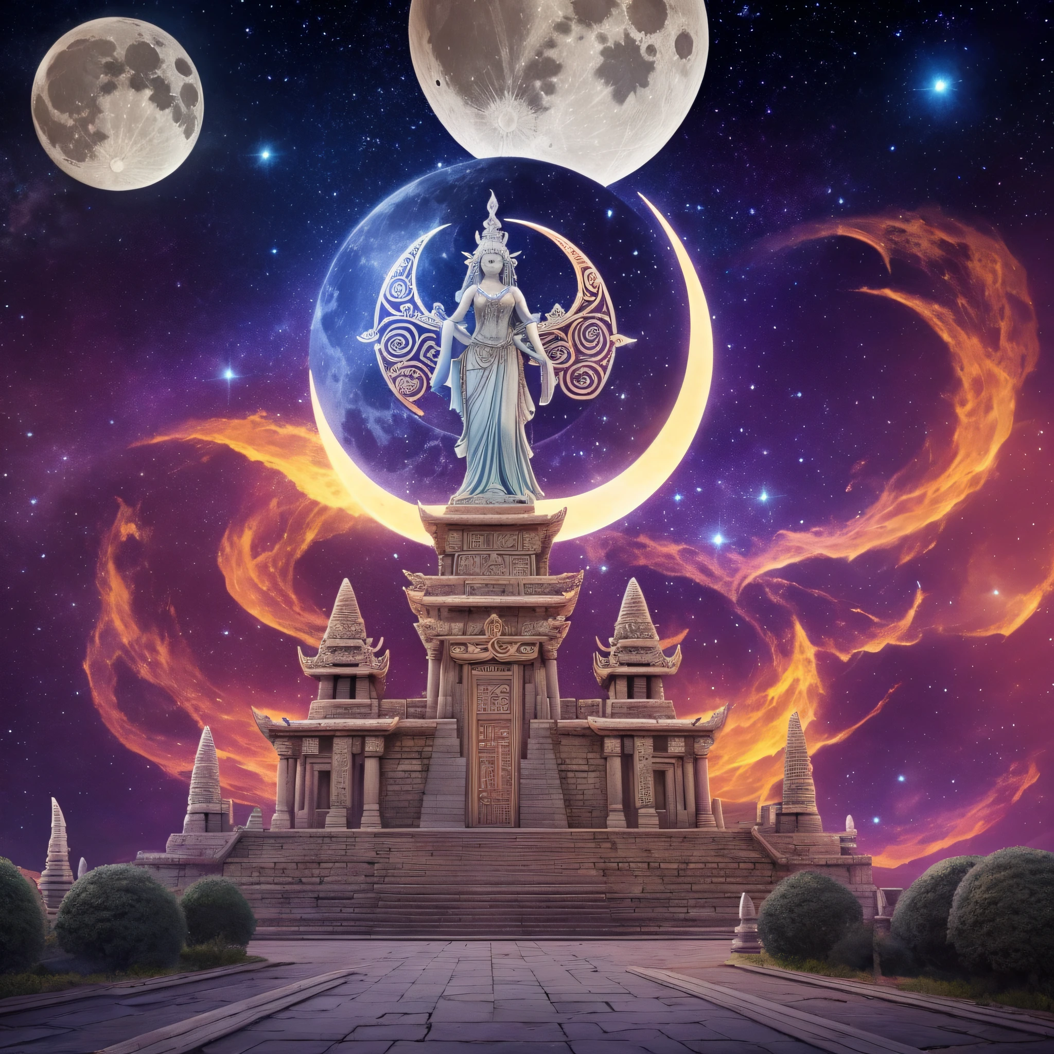 ancient lunar temple, walls adorned with mystical symbols, magical energy. majestic statue, representing the goddess of the Moon, fantasy, Disney style, 8K --auto --s2