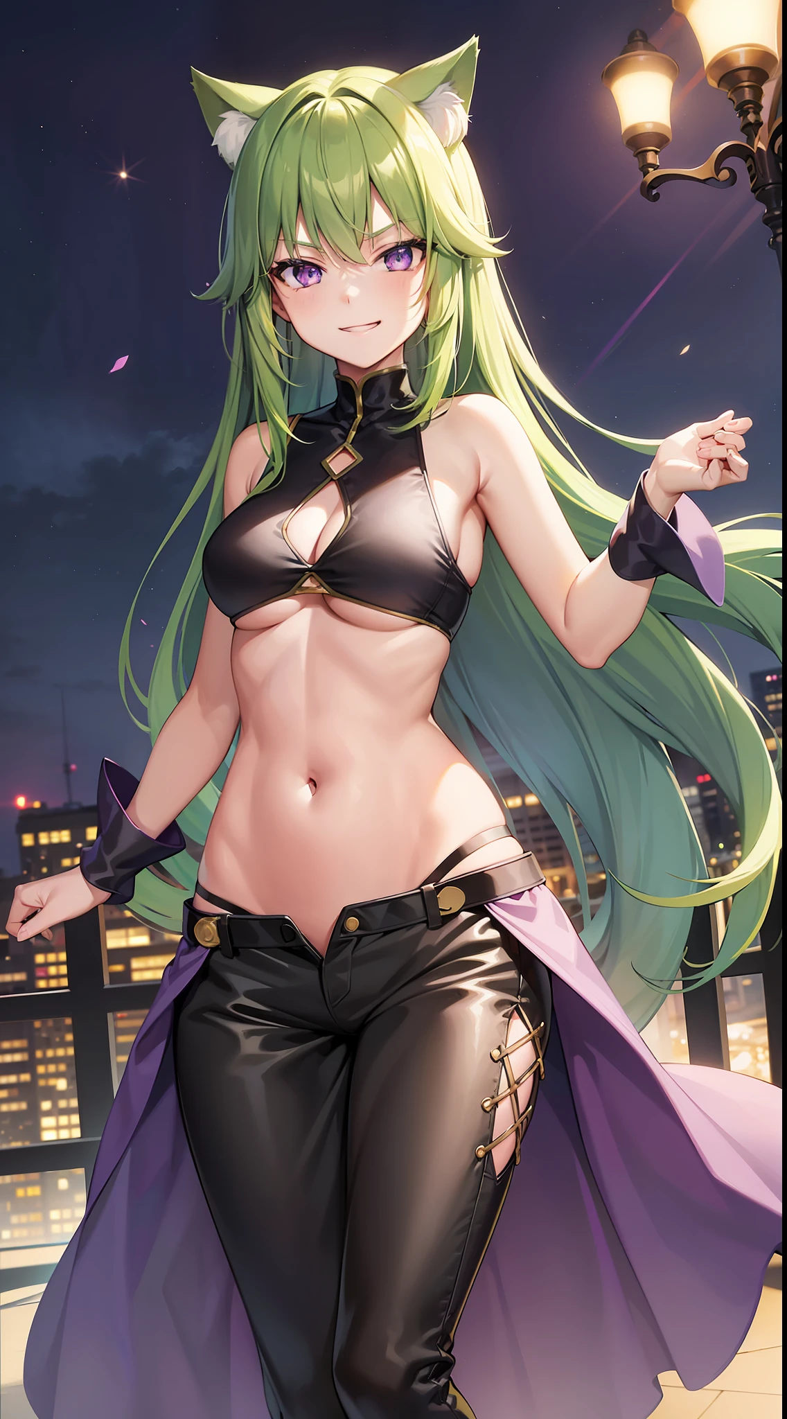 Young girl, long green hair, purple eyes, cat ears, smirk, superhero form, pants, open belly, inner sideboob, masterpiece, high quality