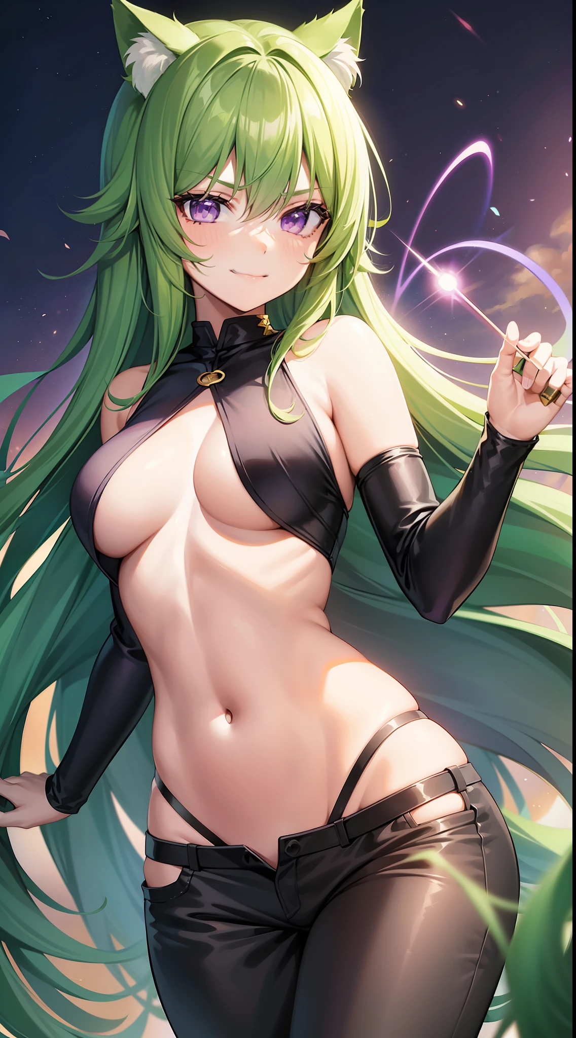 Young girl, long green hair, purple eyes, cat ears, smirk, superhero form, pants, open belly, inner sideboob, masterpiece, high quality