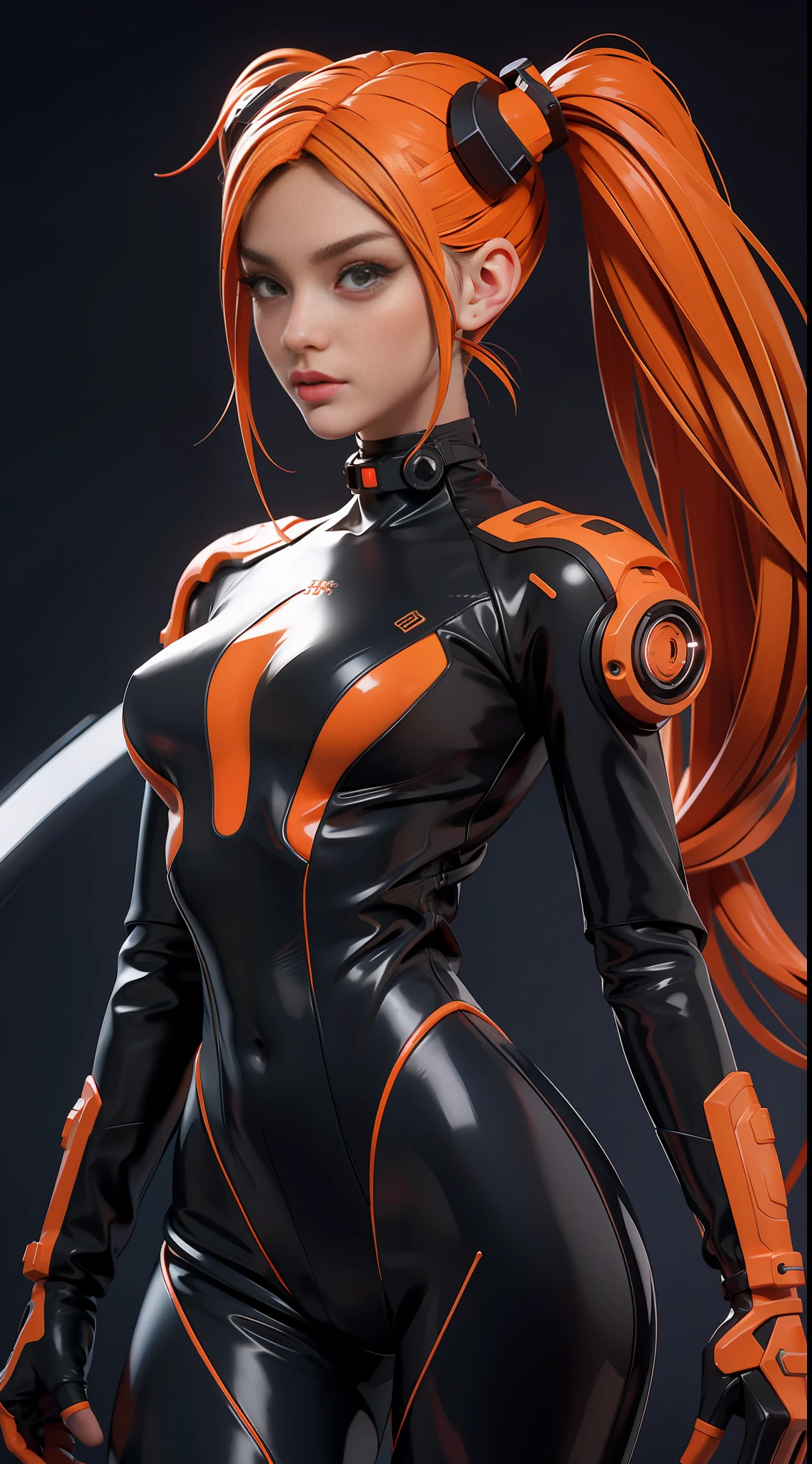 solo, super fine photo, portrait Unreal Engine 5 8K UHD of beautiful and cute girl, pigtail hair, dark orange and black color scheme tight cybernetic latex catsuit, cybernetic glove, futuristic design, coral neon lights details, beautiful make up, luxurious, best quality, masterpiece, official art, unified 8k wallpaper, super detailed, sharp focus, dynamic pose, body parts