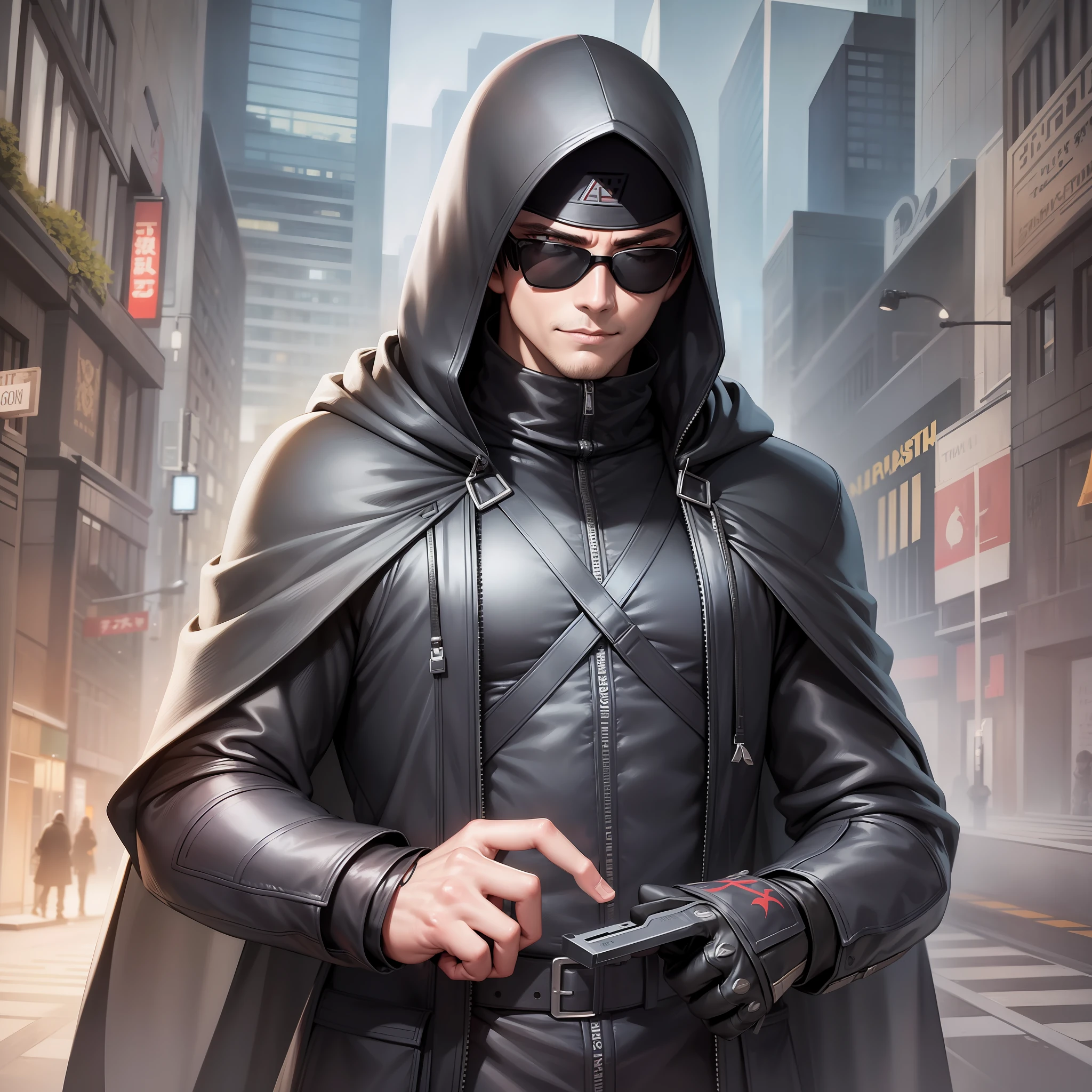 A mysterious ninja, with sunglasses, he has a gray hooded overcoat and turtleneck that covers a little of his face, realistic, award-winning digital art, energetic,