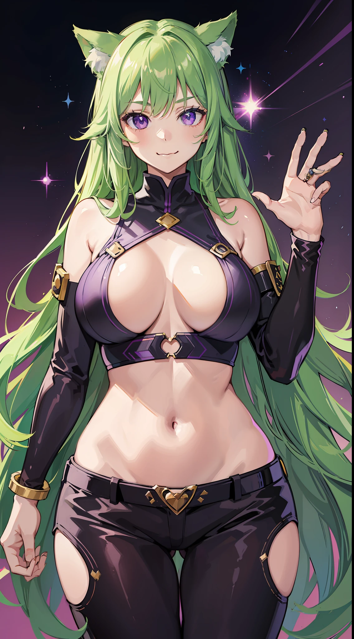 Young girl, long green hair, purple eyes, cat ears, smirk, superhero form, pants, open belly, inner sideboob, masterpiece, high quality