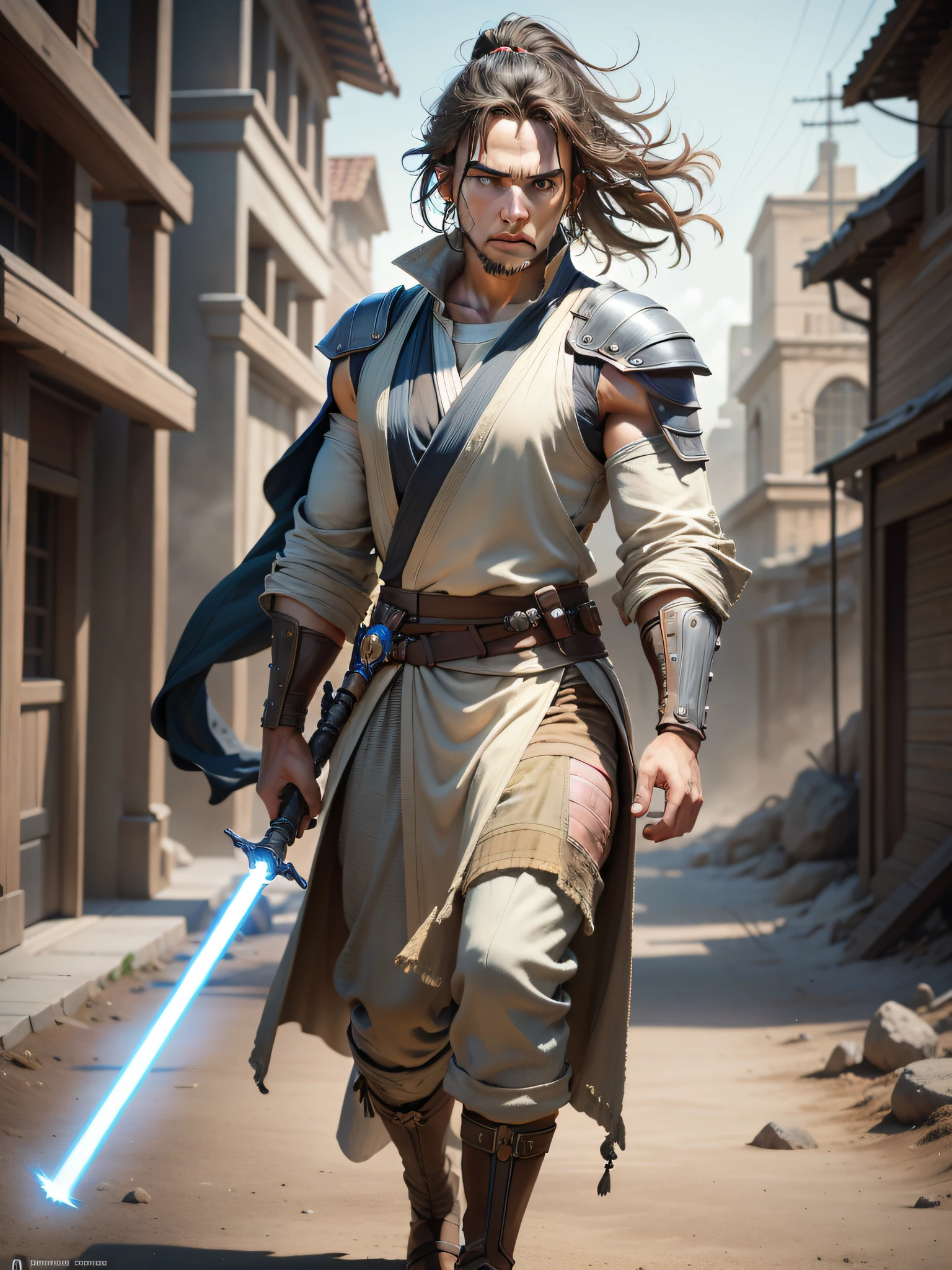 "Create a hyper-realistic, high-definition 8K image of a Jedi warrior man. The warrior should be depicted in a full body pose, showcasing his raw power and strength. Pay attention to intricate details, such as the texture of his robes, the fine lines on his face, and the intricate design of his lightsaber hilt. The lighting should be dramatic, casting dynamic shadows and emphasizing the intensity of the scene. Capture the essence of the Jedi's inner strength and determination. Use the latest rendering techniques to achieve impeccable realism and depth. Ensure that every aspect of the image, from the Jedi's facial expression to the folds in his garments, exhibits the utmost level of detail. The final result should be a visually stunning portrayal of a Jedi warrior in all his glory." --auto --s2
