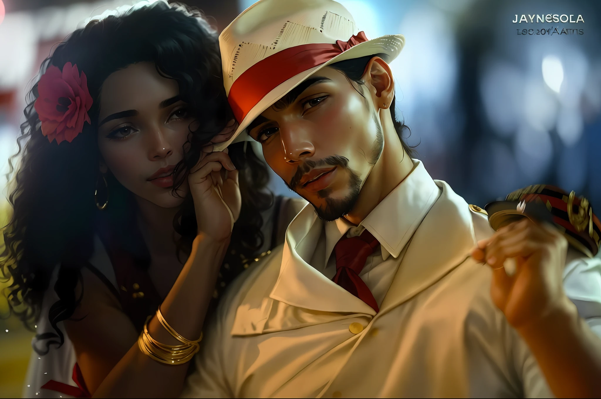 there is a man in a hat and a woman in a dress, white suit and hat, jayson tatum as che guevara, 30-year-old woman from cuba, shot from danis villeneuve movie, cuban women in havana, beautiful man, production still, cuba, still from the movie, still from a live action movie