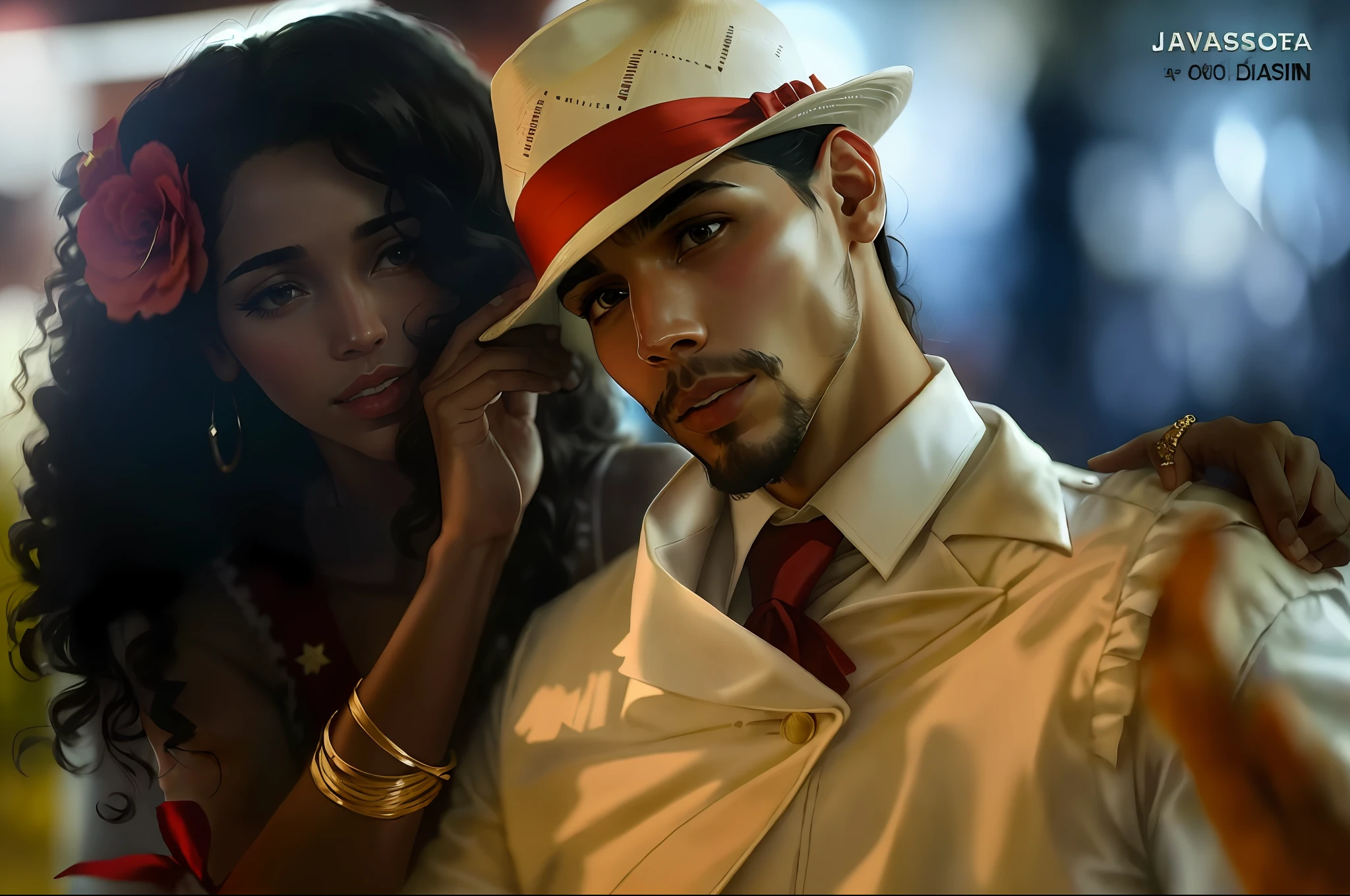 there is a man in a hat and a woman in a dress, white suit and hat, jayson tatum as che guevara, 30-year-old woman from cuba, shot from danis villeneuve movie, cuban women in havana, beautiful man, production still, cuba, still from the movie, still from a live action movie
