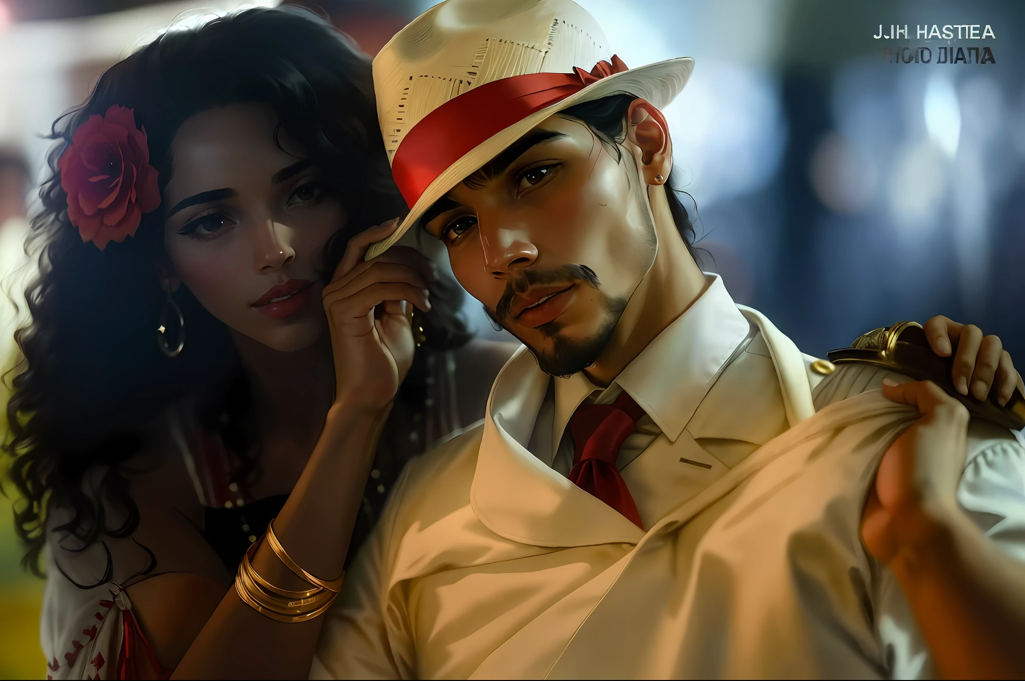 there is a man in a hat and a woman in a dress, white suit and hat, jayson tatum as che guevara, 30-year-old woman from cuba, shot from danis villeneuve movie, cuban women in havana, beautiful man, production still, cuba, still from the movie, still from a live action movie