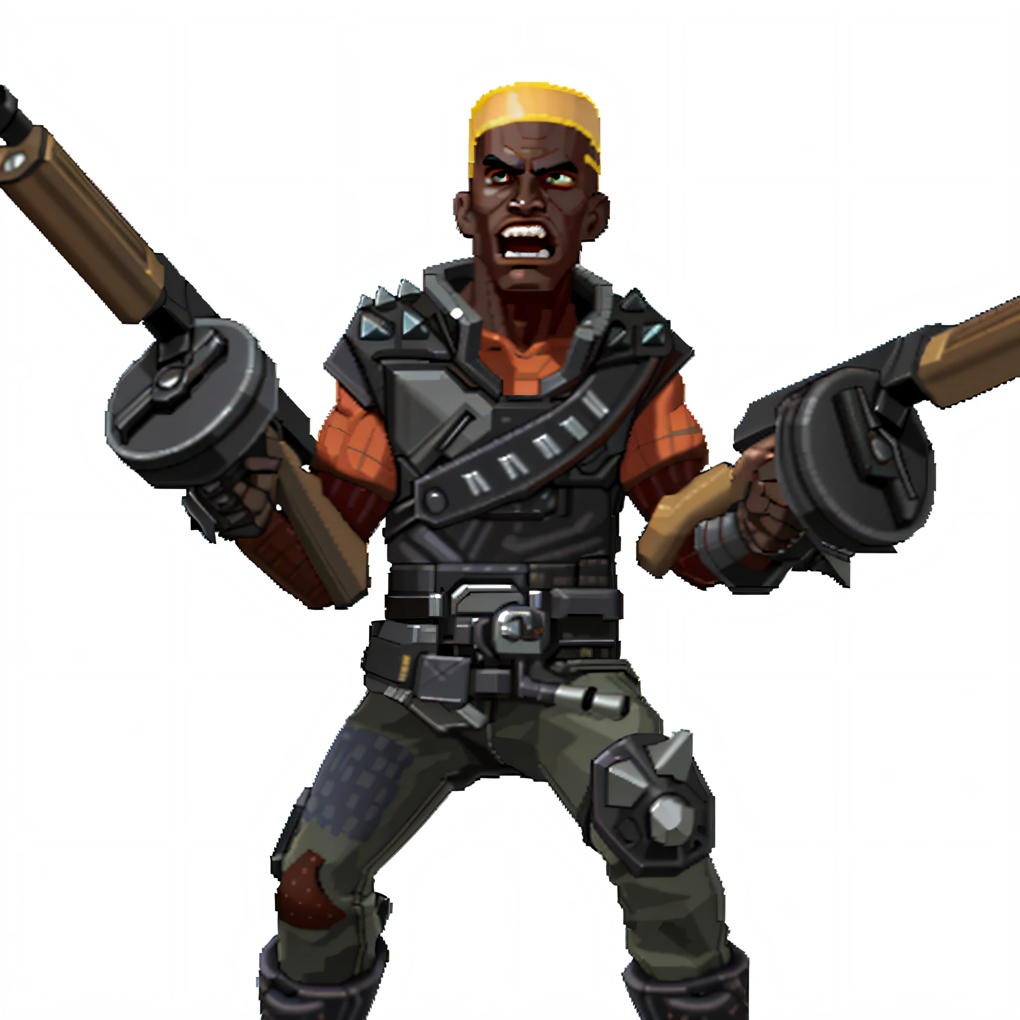 a close up of a person holding two guns and a gun, heavy weapons guy, 3 d render of jerma 9 8 5, starfinder character, mercenary, character art the contra, ingame image, minigun, dystopian bounty hunter, haris nukem, game character, battle pose, heavily armed, joe biden in team fortress 2, holding flamethrower