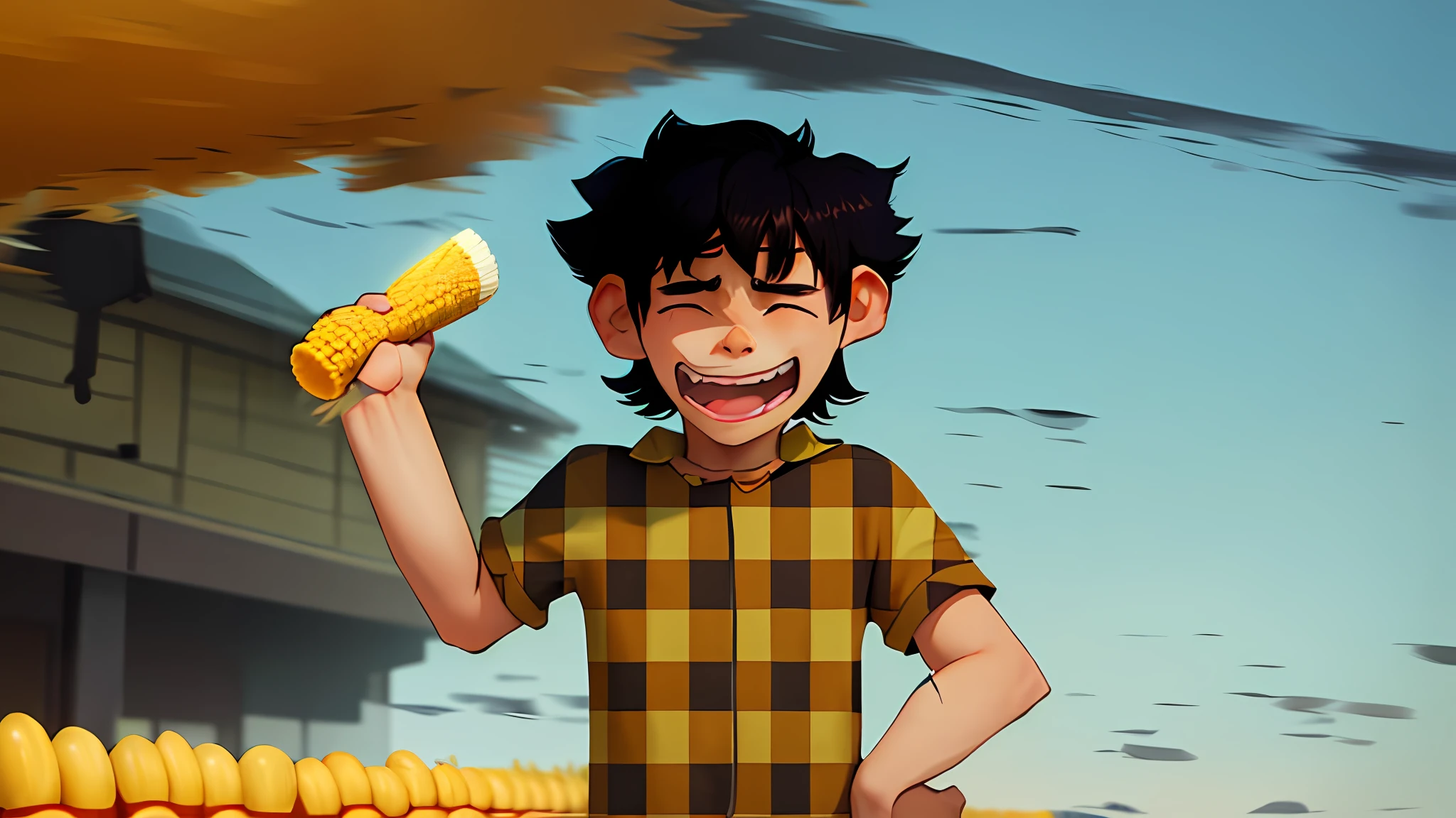 anime of a boy holding a corn cob and a toothbrush, animation still, animated still, animation film still, animated film still, rotoscoped, toon rendering, rotoscoping, digital art, anime digital painting, official art, art in the style of joshy sly, a character based on a haggis