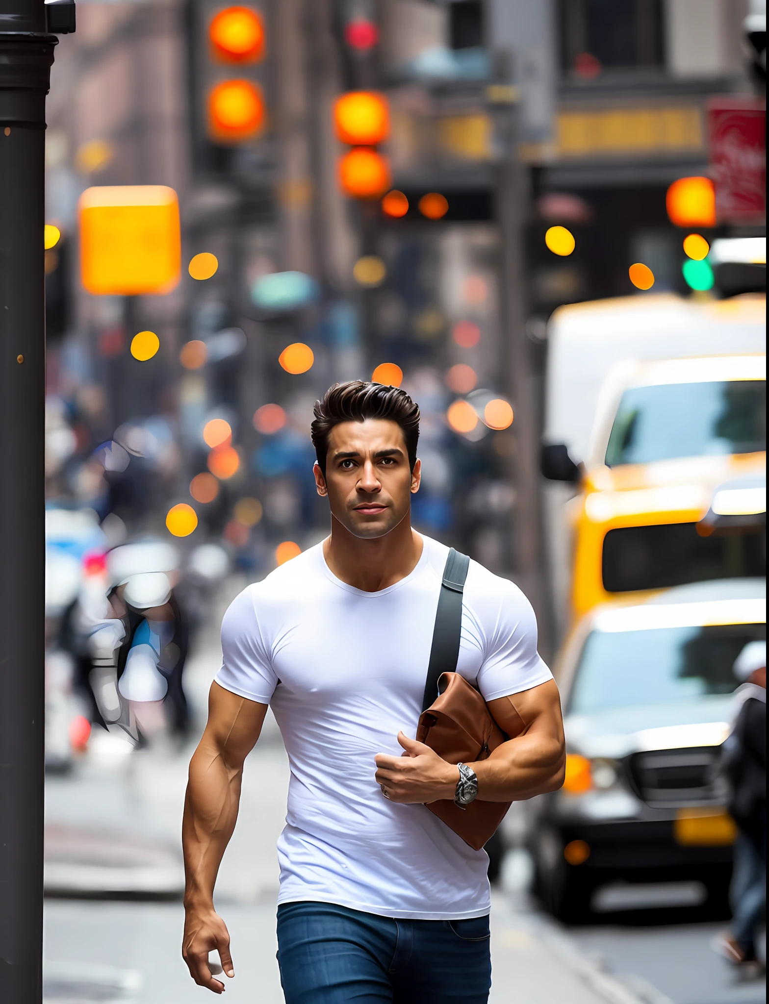 "Imagine a photo of an extremely attractive and muscular man walking on a busy New York street, captured with a Canon EOS 5D Mark IV with an aperture of f/1.8, shutter speed of 1/200 and ISO 100. He's dressed in a tight white shirt that highlights his well-defined muscles and dark jeans. His brown hair is a little messy from the wind, and he has a confident expression on his face. He's carrying a black leather backpack on one shoulder. The street is flanked by tall brick buildings, and the sidewalk is filled with people of all ages and walks of life. There is a yellow taxi passing on the street. The scene is under the soft light of the sunset, creating a beautiful effect of light and shadow. The scene should look as if it were captured with a high-quality DSLR camera, in an ultra-photorealistic style with intricate detail and a depth of field effect --chaos 1 --hd --ar 16:9 --iw:3 --no glasses. The image should have a street photography style, with vibrant colors and a balanced contrast, providing a sense of movement and life in the city."