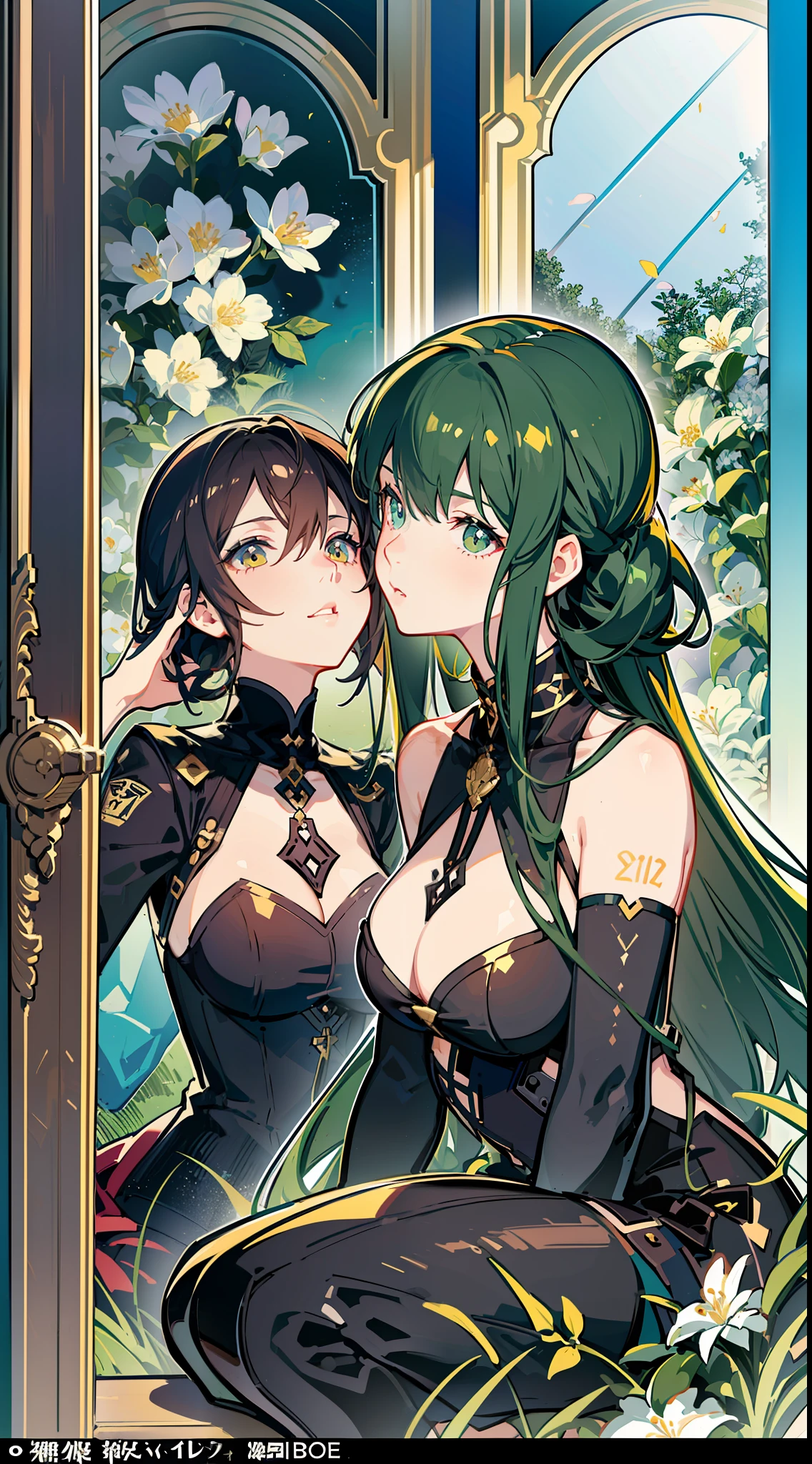 style image of two women kissing in front of a mirror, two beautiful girls, kissing together cutely, of girls frontline, highly detailed official art, kissing,CG, comic art, kissing each other, kissing together,detailed digital photo, anime moe artstyle, official fanart, lesbian art, fine details. Frontline girls