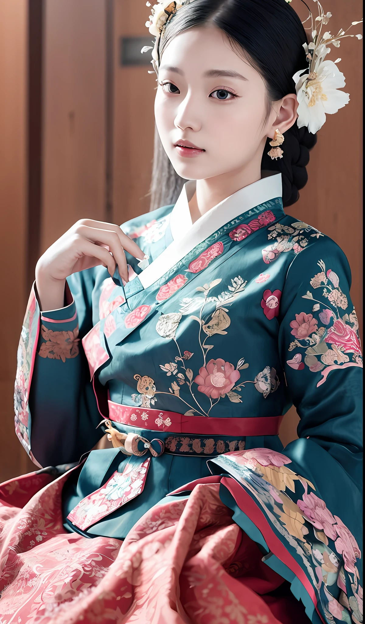 dark Hanok,  (masterpiece), (detailed), (intricate details), (realistic, photo-realistic:1.37),illustration, an extremely delicate and beautiful, extremely detailed, CG,unity, 8k wallpaper, Amazing, finely detail, extremely detailed CG unity 8k, ultra-detailed, highres, extremely detailed, extremely detailed eyes and face, full body, front view, (looking at viewer:1.4), 1girl, (18yo), pale skin, black hair, ponytail, Accessories, hair ornaments, earrings, flower patterns, hanbok,  slender body,