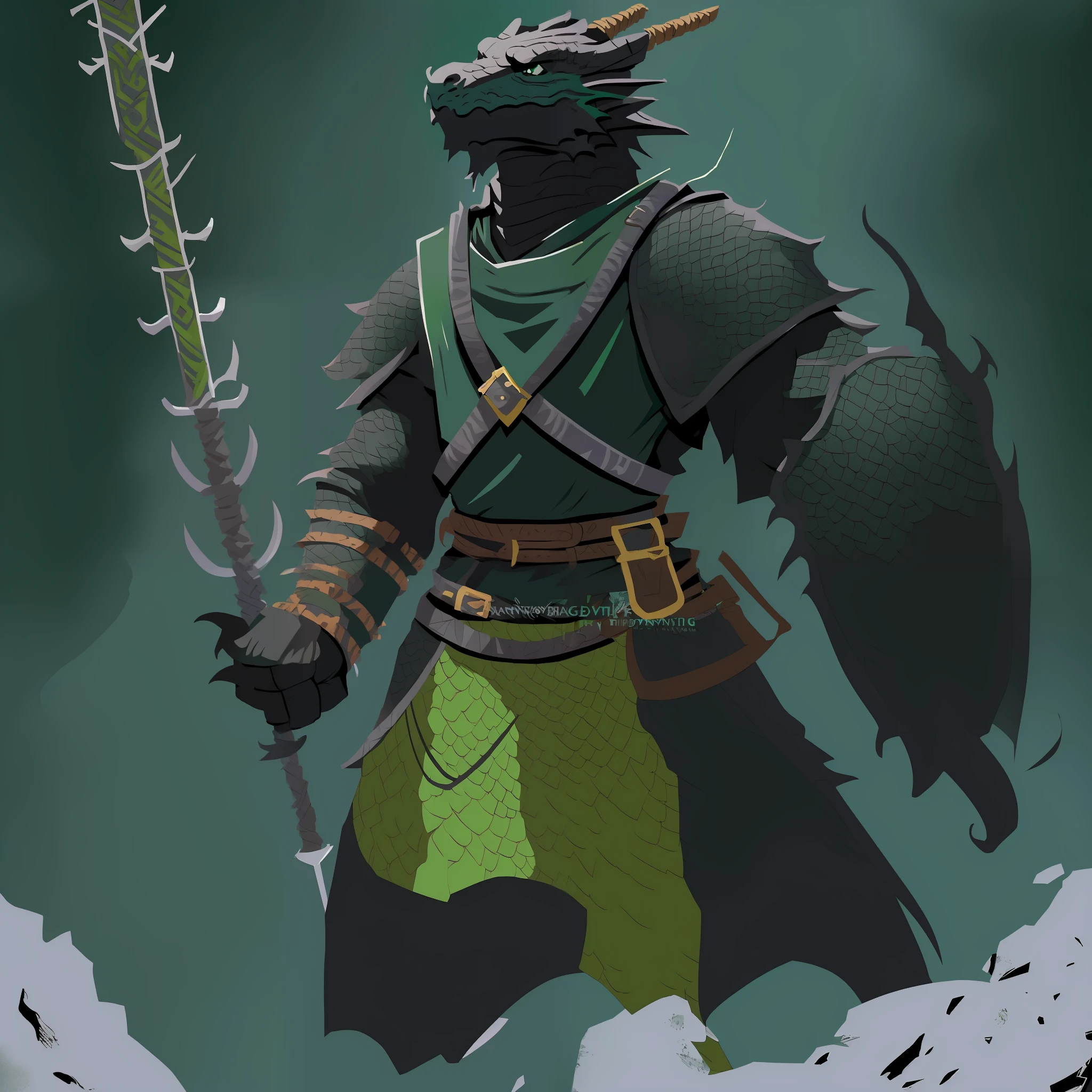 (one dark green grey adventuring dragonborn:1.5), ((deep shadows)), (((stoic expression))), ((holding a makeshift shield and purple whip)), (wearing ragged olian scout vestments and adventuring equipment:1.5), exploring wintery Mongn steppe, (good anatomy:1.0), masterpiece, perfect lighting, 8k, (professional illustration:1.2), (ultra detailed:1.0), (art by illustrator, Tony DiTerlizzi:1.5), radiant lighting, high contrast