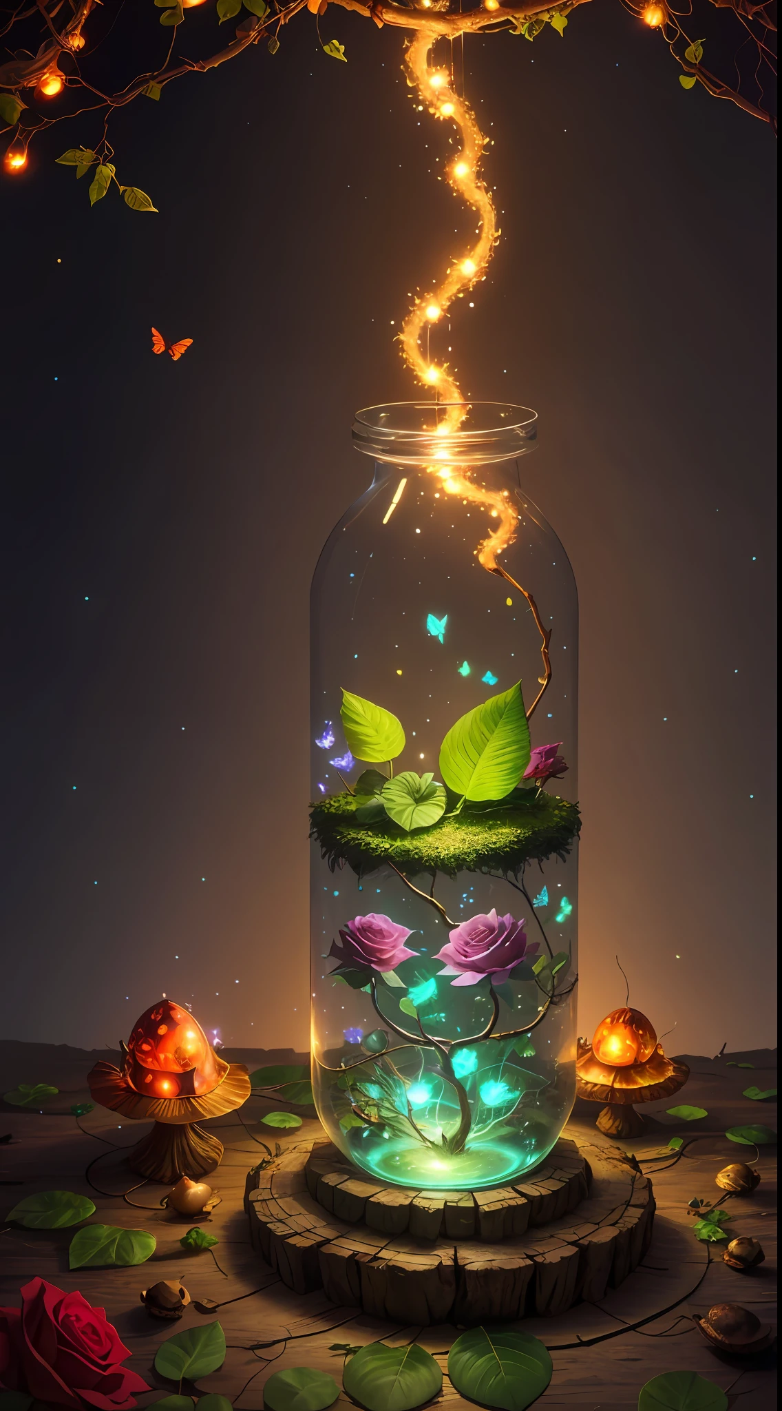 Fantasy in a glass, "ethereal roses, cute animals, glowing little mushrooms surrounded by delicate leaves and branches, and fireflies and glowing particle effects", (natural elements), (jungle theme), (leaves), (branches), (fireflies), butterflies, (delicate leaves), (glow), (particle effects), super realistic, super detailed, dramatic lightning, 4k, masterpiece,