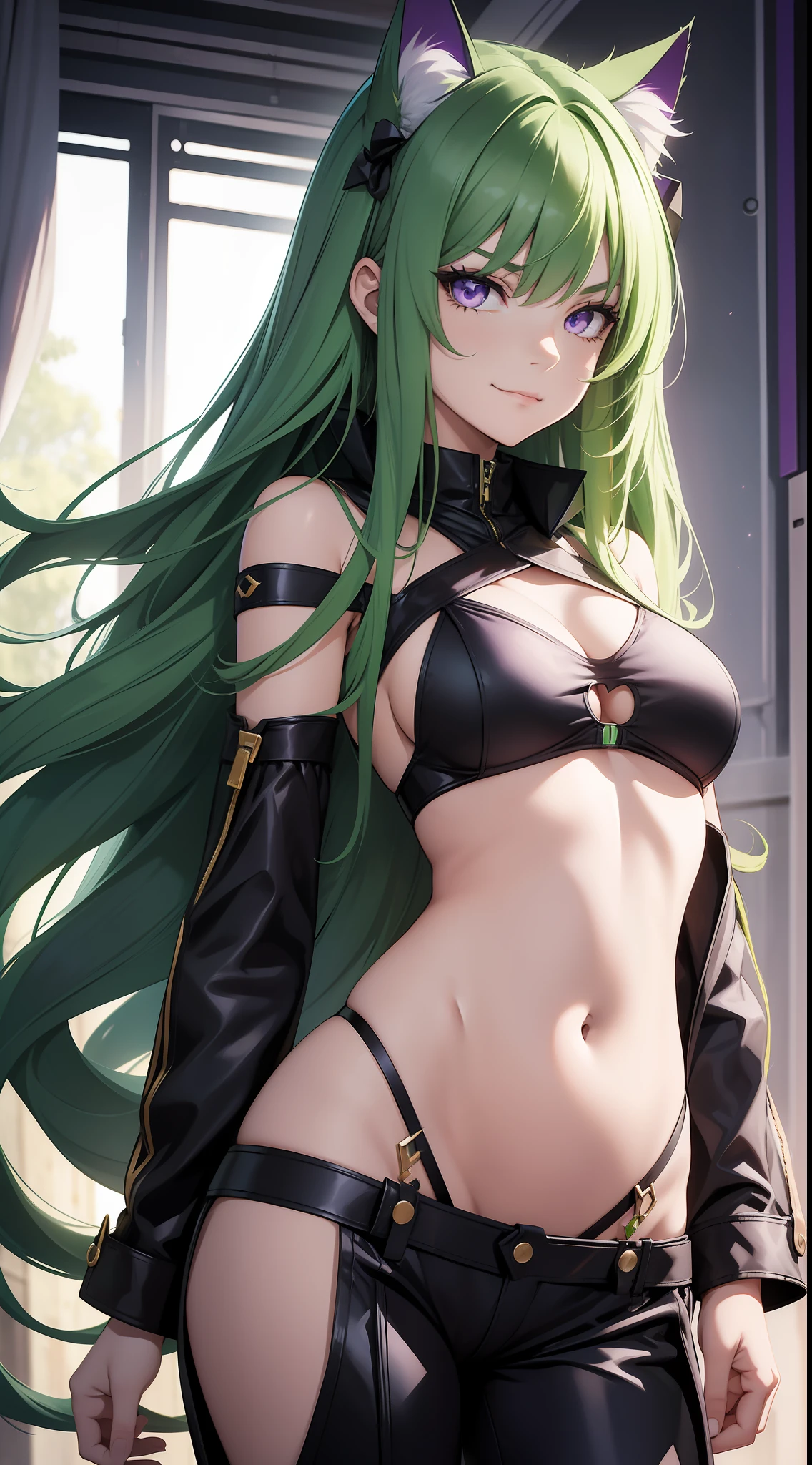 Young girl, long green hair, purple eyes, cat ears, smirk, superhero form, pants, open belly, inner sideboob, masterpiece, high quality