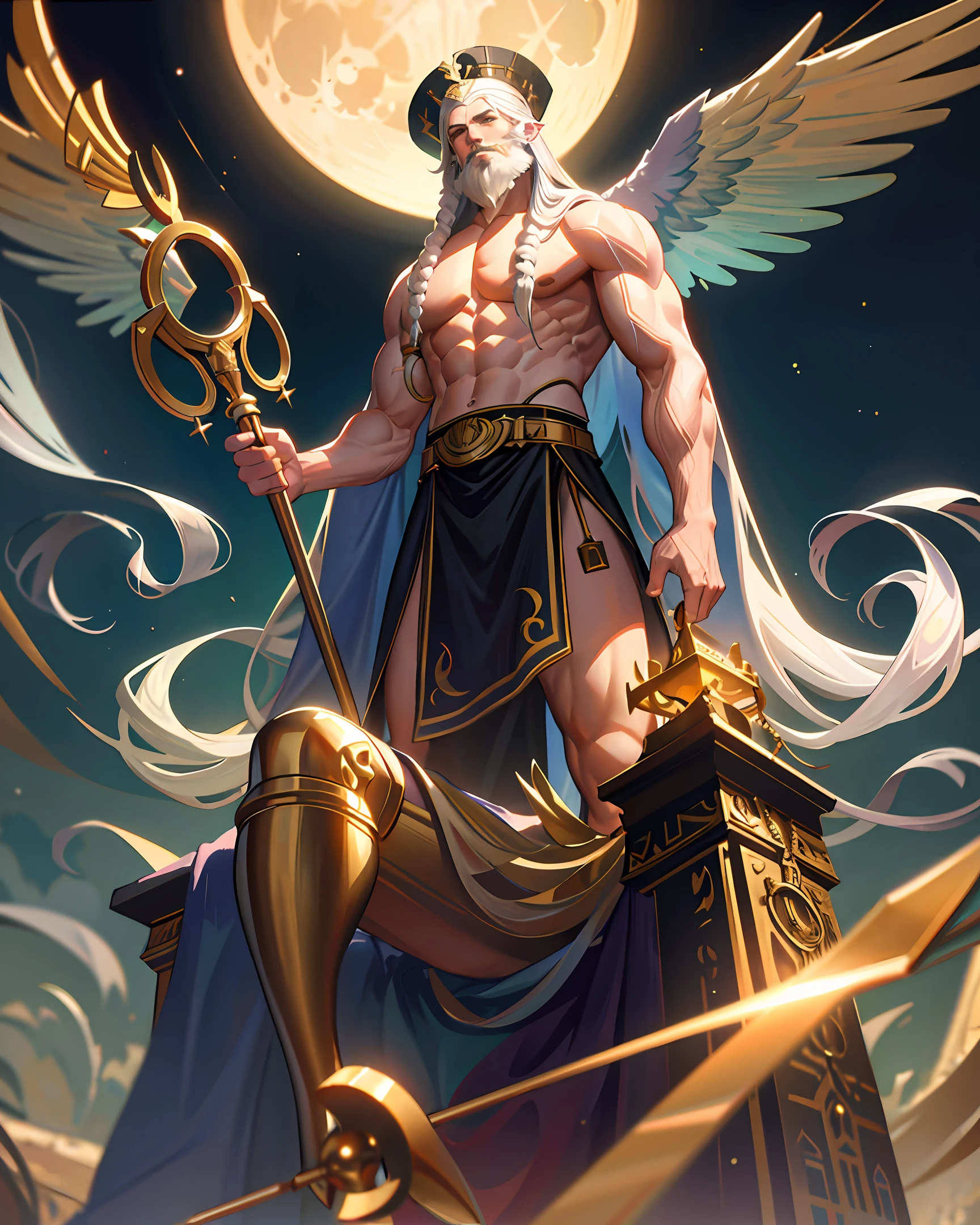 "A masterpiece on 8k wallpaper, which depicts a highly complex scene, man presenting an exceptional level of detail and art, a wizard, long white beard, endowed with an impressive muscular appearance, showing muscular chest, sitting on the throne holding shiny golden staff, long hair dreads, super realistic, wearing Egyptian skirt, human, night, moon"