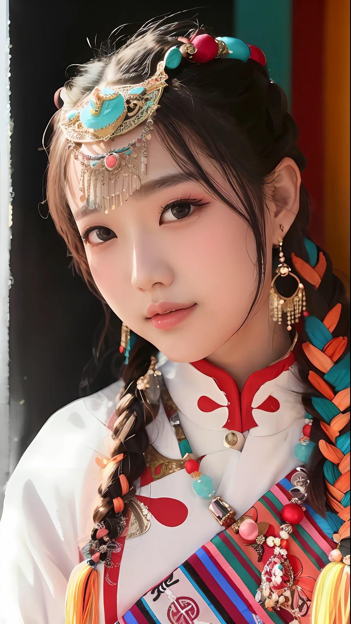 Close up of a woman with colorful headdress and necklace, beautiful korean woman with double eyelids and long doll eyelashes, wan cute korean face, korean girl, traditional beauty, young cute korean face, jaeyeon nam, lalisa manobal, beautiful korean young woman, korean woman, portrait of korean female idol, kim young-sin, gorgeous korean young woman, lee ji-eun, ultra hd, perfect details, realistic picture, ultimate picture quality, perfect character structure, ultra-wide angle lens, Dynamic angle, highest precision, 8k resolution, tone and dark, 8k, Ultra HD, 8K HD-ar 9:16 v1