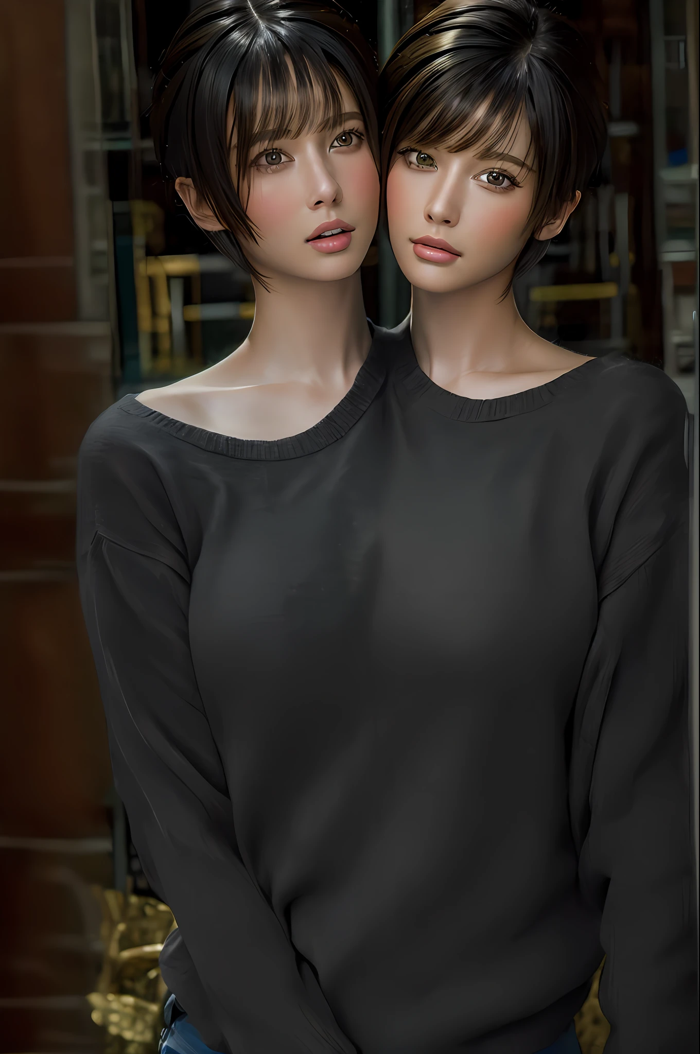 2heads, conjoined, (masterpiece:1.3), (8k, photorealistic, RAW photo, best quality: 1.4), (1girl), beautiful face, (realistic face), (black hair, short hair:1.3), beautiful hairstyle, realistic eyes, beautiful detailed eyes, (realistic skin), beautiful skin, (two times sweater), absurdres, attractive, ultra high res, ultra realistic, highly detailed, golden ratio