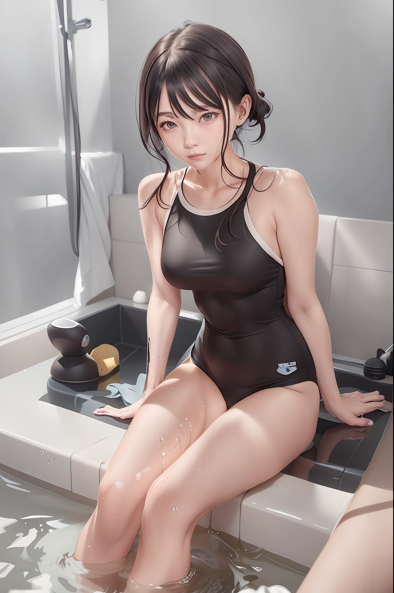 there is a woman sitting in a bathtub with a black swim suit, cute girl wearing tank suit, is wearing a swimsuit, wet swimsuit, swimsuit, ilya kuvshinov. 4 k, bathing suit, artwork in the style of guweiz, in retro swimsuit, in bathroom, wearing leotard, seductive anime girl, guweiz, black swimsuit