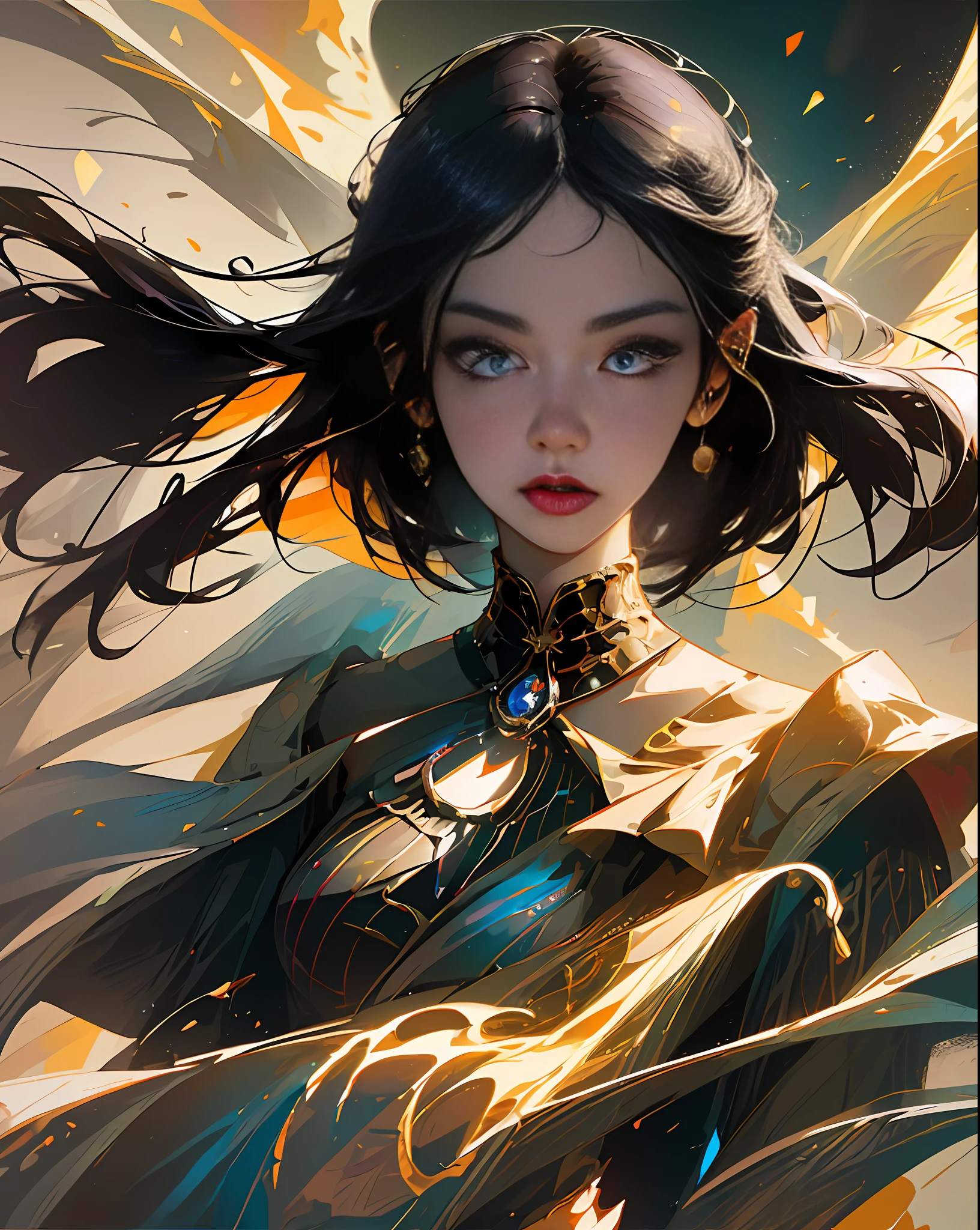 Artwork of a beautiful woman, adult, eye-catching, artistic composition, emotion, active, movement, particles, masterpiece, highest quality, 1 girl, (close up), magical, beautiful dress with black hair