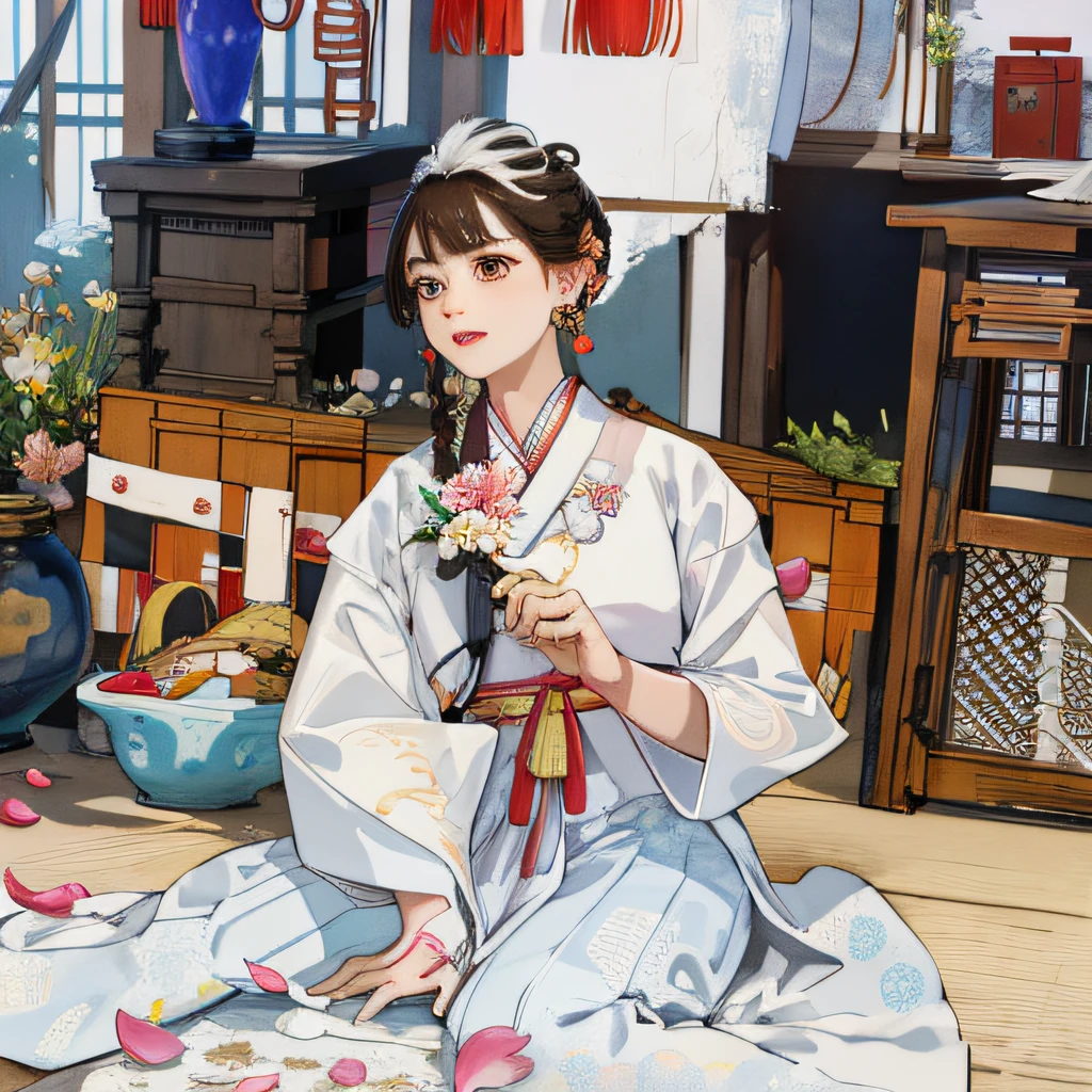 There is a woman sitting on the floor holding a fan, palace, a girl in Hanbok, white hanbok, hanbok, hanbok, hanbok, traditional costume, hanbok apron, traditional costume, with ancient Chinese clothing, wearing ancient Chinese clothing, traditional clothing, mature girl, brown eyes, delicate and flexible eyes, intricate damask hanfu, gorgeous accessories, wearing pearl earrings, f/1.8, masterpiece, ancient Chinese architecture, flower petals flying,