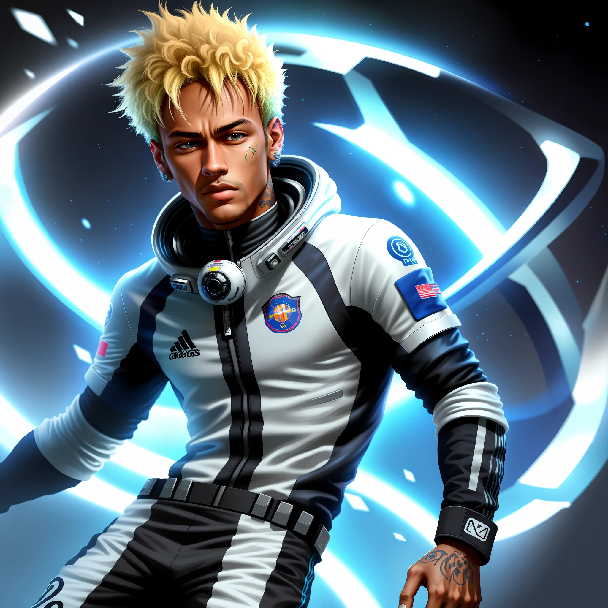 Neymar in a futuristic outfit,futuristic clothes, hyper-realistic style, 8k, Space suit