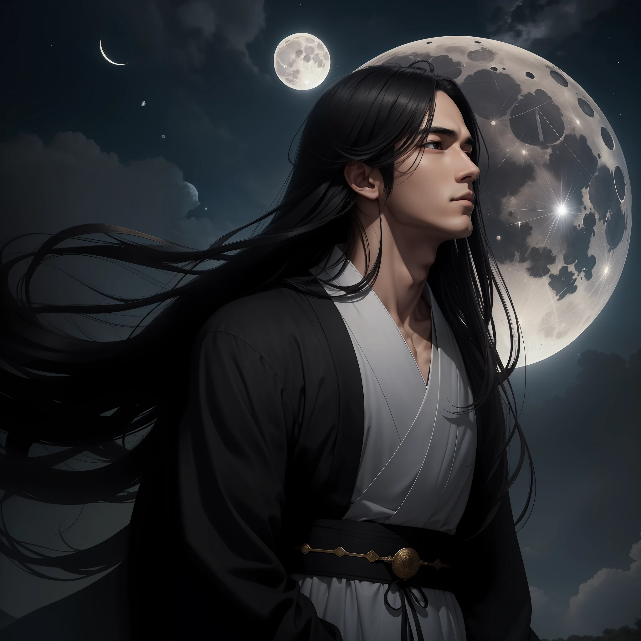(Masterpiece) 8K resolution, Mr. Light Source, Beautiful young man looking up at the moon, God Lord, Black straight long hair, Hazel eyes, Black eyes, Sad face, Japanese clothes, Mizudry, Fantasy style,