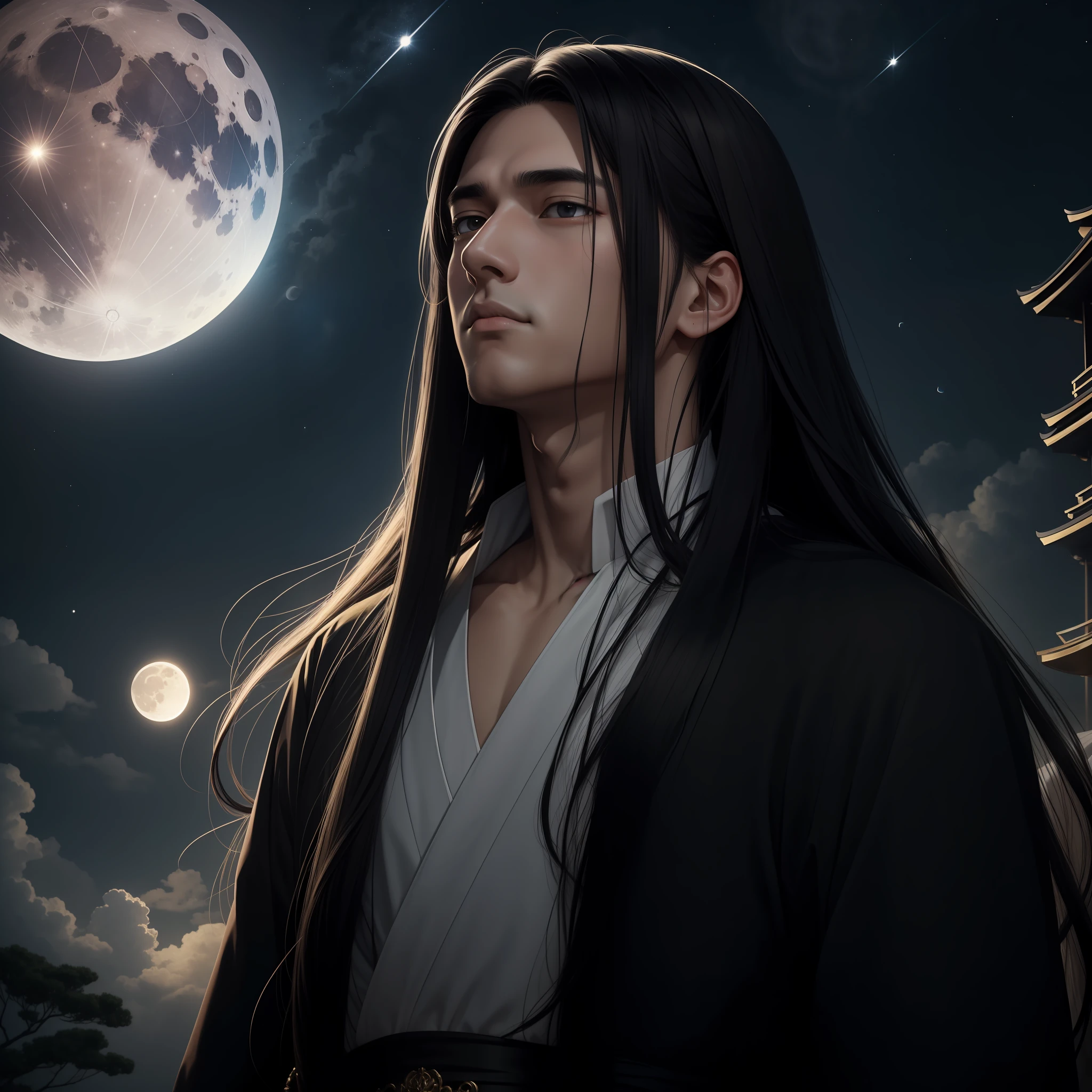 (Masterpiece) 8K resolution, Mr. Light Source, Beautiful young man looking up at the moon, God Lord, Black straight long hair, Hazel eyes, Black eyes, Sad face, Japanese clothes, Mizudry, Fantasy style,