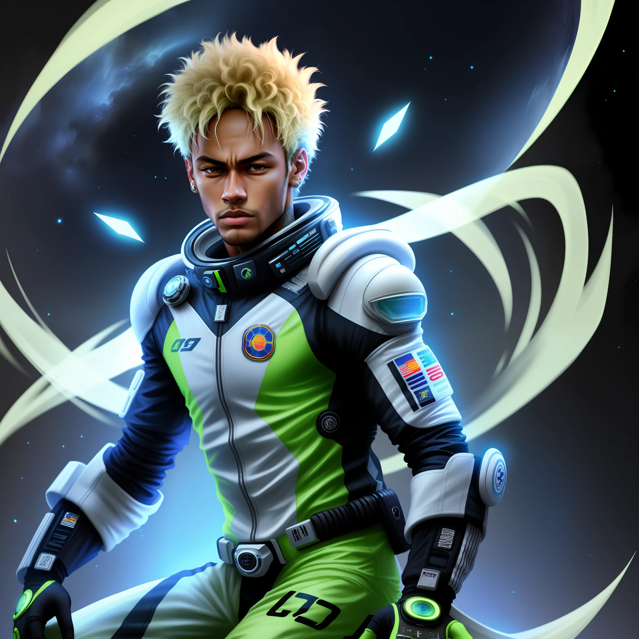Neymar in a futuristic outfit,futuristic clothes, hyper-realistic style, 8k, Space suit