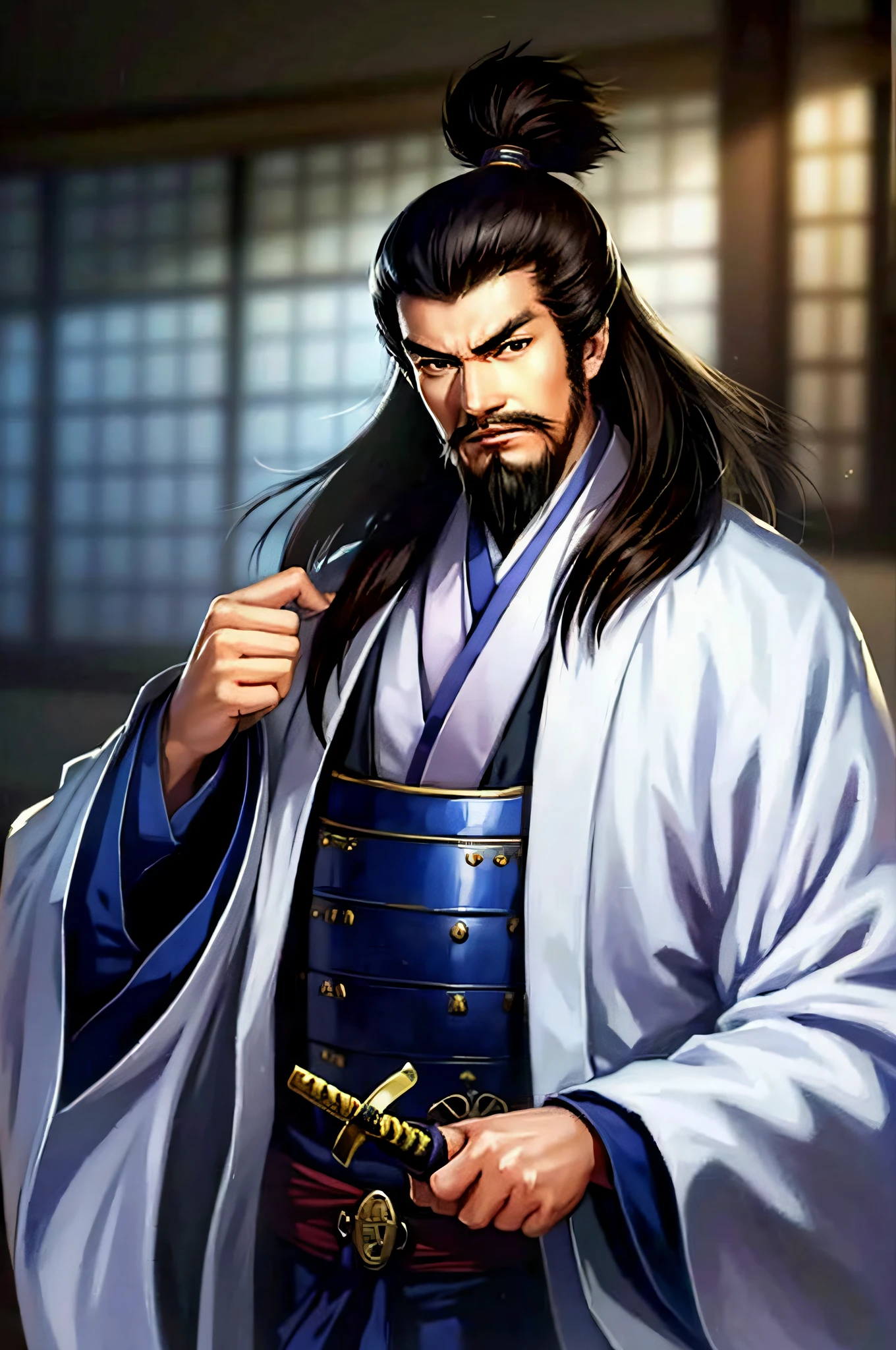 (8k, RAW photo, best quality, highres:1.2), (realistic, photo-realistic:1.37) , japanese male, japanese,facial_hair, beard, male_focus, 1boy, japanese_clothes, sword, weapon, solo, mustaches, old, katana, old_man, kimono, haori, black_hair, letterboxed, blurry_background, sheath, blurred tall, deep face, sharp eyes, high nose, thick beard, strong and mighty image. There are historical records that Sima Yi had "triangular eyes", that is, the sides of the eyes were slightly tilted upward, which left a deep impression. When he was a little older, he often wore white robes, and his image was simple, giving people a sense of incorruptibility and integrity