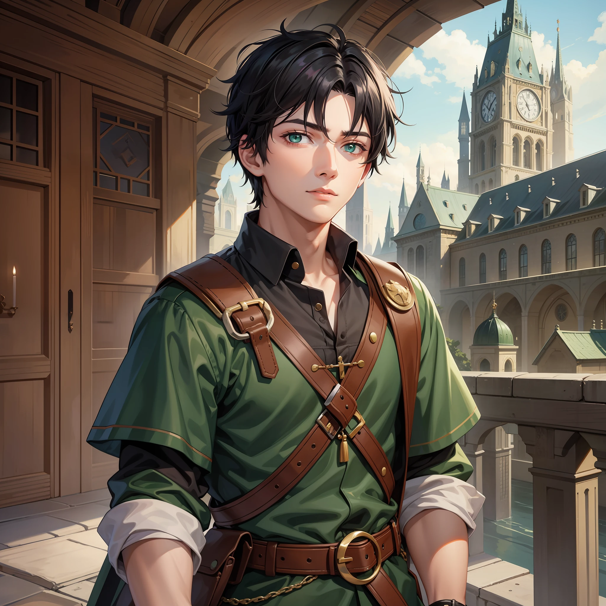 An 18-year-old man, black hair and green eyes, looking at a medieval city, his eyes were turned to the city