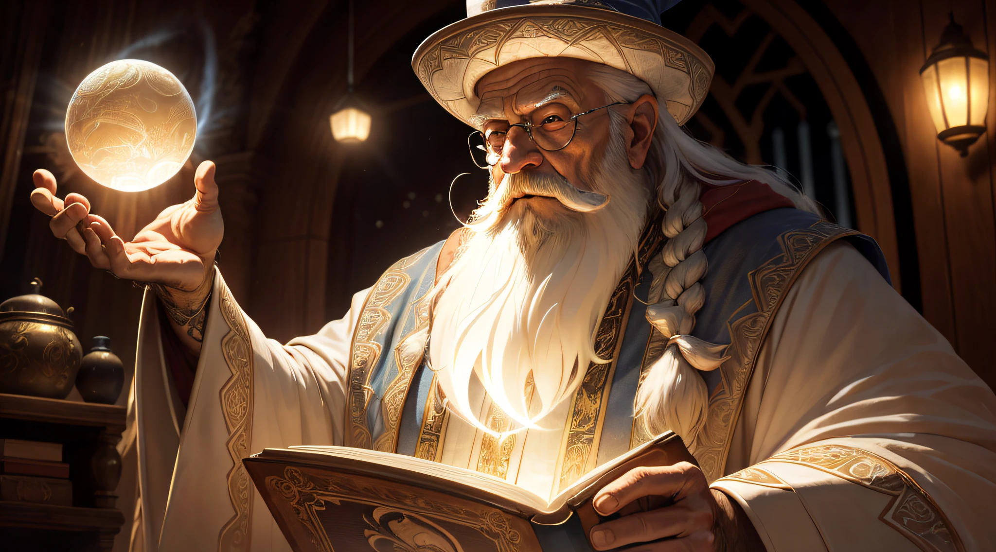 (Masterpiece:1.2), (Best Quality), Detailed, UHD, Cinematic Lighting, sharp focus, (illustration:1.1), intricate, Old Wizard with long white hair and beard, wearing a wizard's robe and hat, pondering a glowing orb, in a dimly lit room, magician's room, glowing lights, flickering lights,