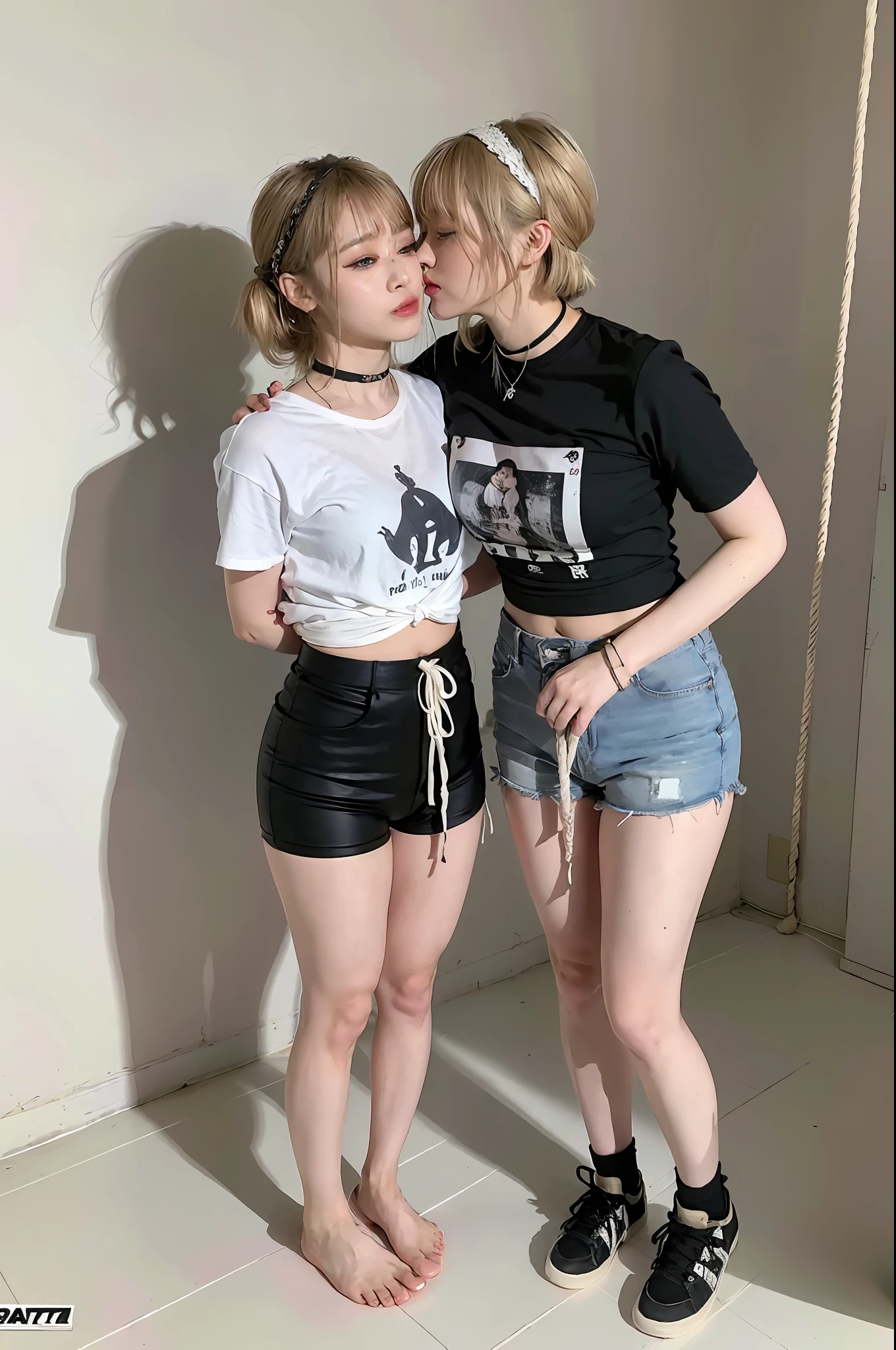 (8k:1.27), best quality, masterpiece, ultra highres:1.2), two kidnapped lesbian goth girls with arm tattoos kissing each other, tattooed girls, full body picture, old white rock band oversized knotted prisoner t-shirt, big t-shirt, short big sleeves, black short sport pants tied with a rope, wearing dirty old goth clothes, dyed yellow blonde hair, short blonde bob hairstyle shoulder length, blonde hair bangs, kneeling in a dirty room, handcuffed, hands tied with rope behind body, submissive neck choker and leash in neck, 4k or 8k picture, looking at the floor down very sad, very sad face, paisley bandana ribbon hairband, smelly, barefoot, praying, rope hanging from ceiling