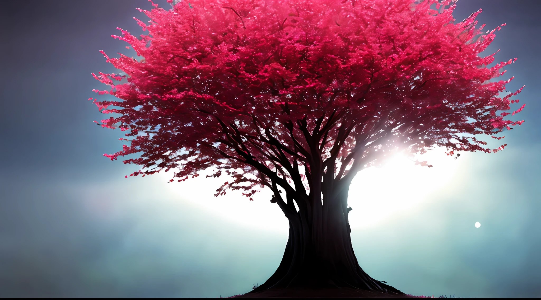 plain, far black tree in the center, highlighted red fruits, rays of light descending from the sky, masterpiece, high quality, high quality, highly detailed CG unit 8k wallpaper, award-winning photos, bokeh, depth of field, HDR, bloom, chromatic aberration, realistic, very detailed, trend in artstation, trend in CGsociety, complex, high detail, dramatic, art in the middle of the journey, Volumetric lighting