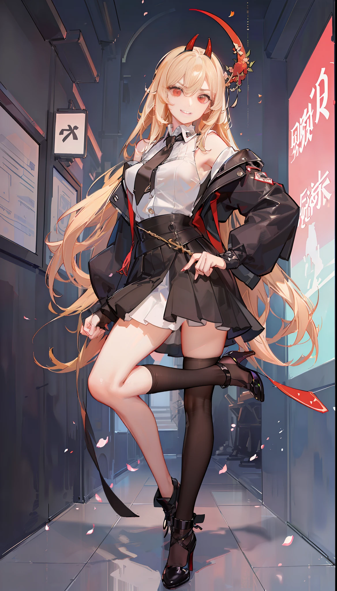 solo, 1girl, corneo_power, (sharp teeth:0.8), smile, hands on hips, formal, white collar shirt, black tie, , battle background, , yellow hair, red eyes, short skirt, hand holding sickle, ((masterpiece, sidelighting)), best quality, perfect anatomy, high resolution, absurd, great composition, exquisite functionality, extremely detailed CG uniform 8k wallpaper, Sharp focus, highly complex, (masterpiece, best quality: 1.2), absurd, (traditional media: 1.2), (2D: 1.2), (center: 1.3), illustration, skirt_tail, highly detailed, (hyperdetailed), medium lens, (full body: 1.3), standing, high heels, (solo), beautiful, (detailed eyes, detailed face: 1.2), beautiful, lips, shiny, dynamic pose, various colors, depth of field