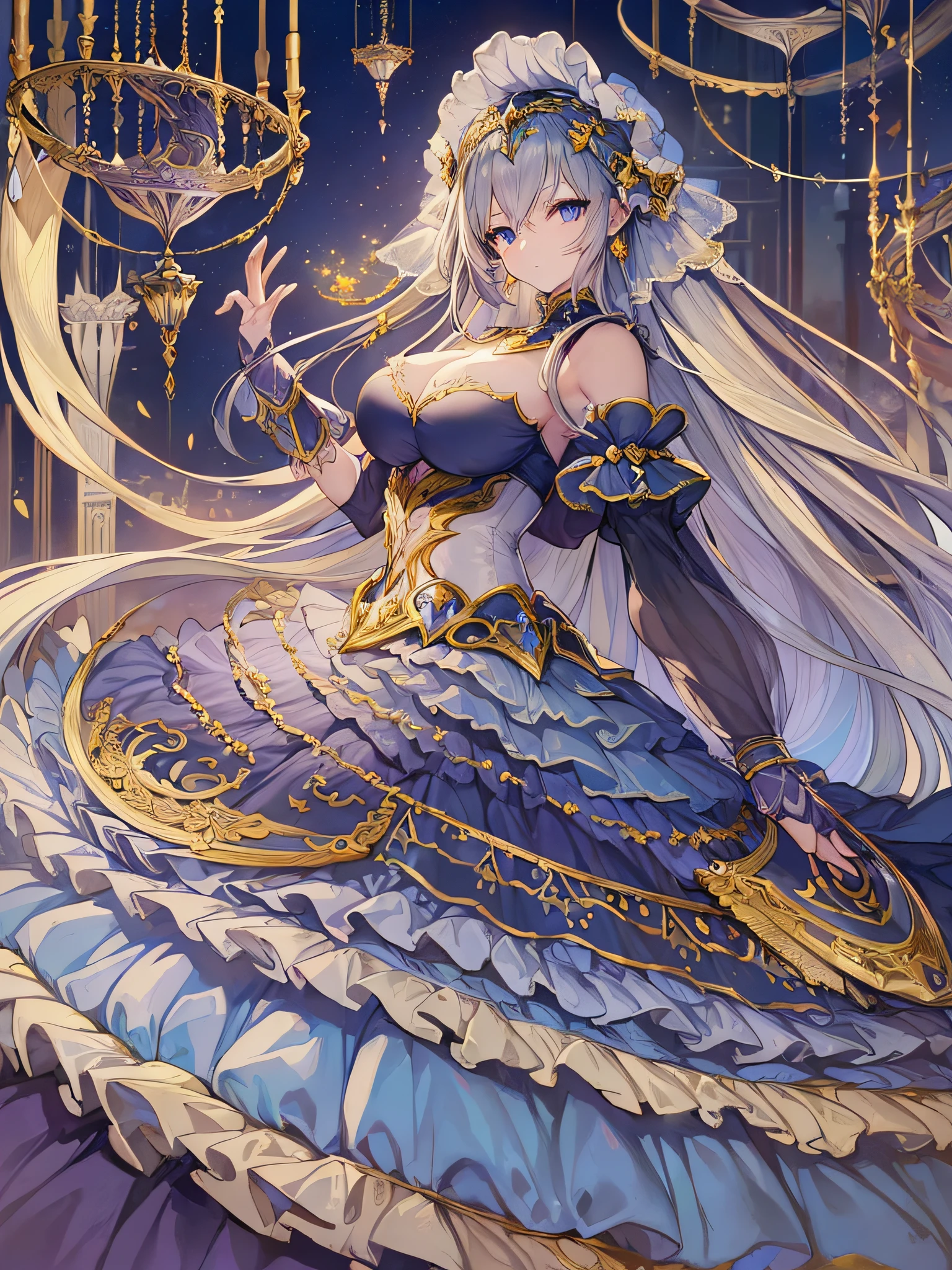 ((anime moe artstyle)),((Masterpiece)), (Best Quality), (Super Detail),Illustration,(((Very Delicate and Beautiful))),Dynamic Angle,Looking at viewer,((((Solo)))),((Full body)),((1 cute princess in gorgeous ball gown)),((full length hoop skirt)),(Very Long Hair),(gigantic breasts,Huge breasts,Bulging breasts,Long breasts),voluminous ball gown,