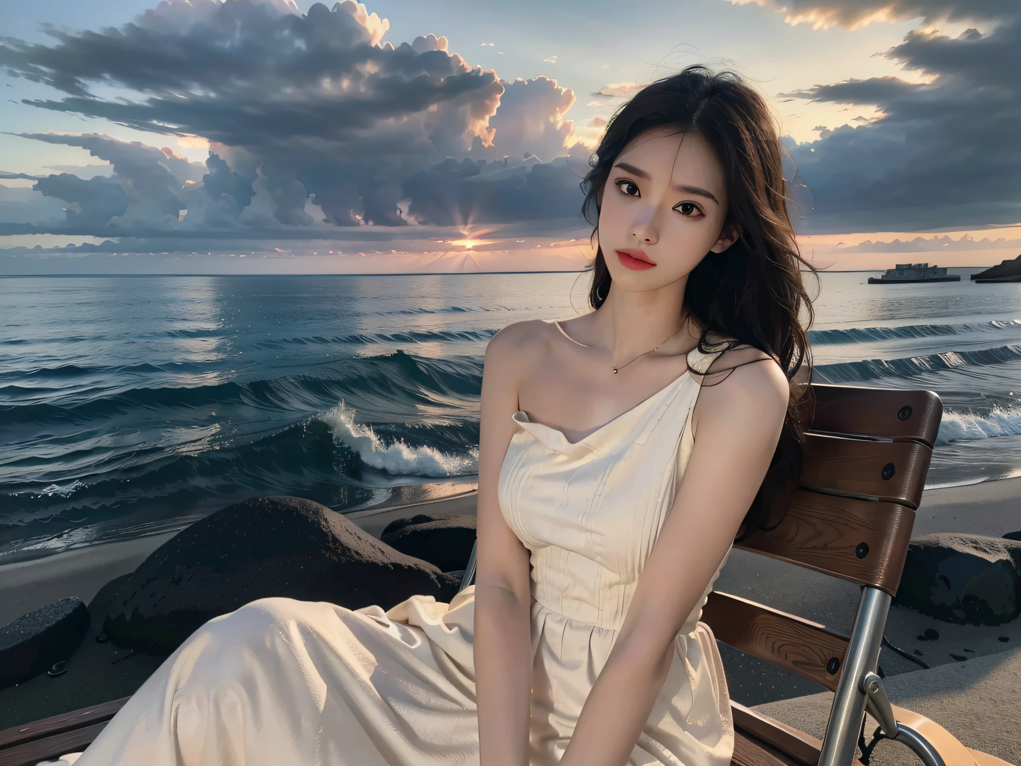 (front focus), (masterpiece, top quality, best, official art, beauty and aesthetics: 1.2), 1 girl lying on beach chair looking up at the night sky, sad, sitting by the sea, beach, night, looking up, sunset, sunset, looking at the sky in distraction, wearing long skirt, long white dress, (bust photo: 1.5), dynamic pose, original photo, contemporary aesthetics, hard light, backlight, original photo, sharp focus, photorealistic feeling, cinematic lighting, volumetric lighting,