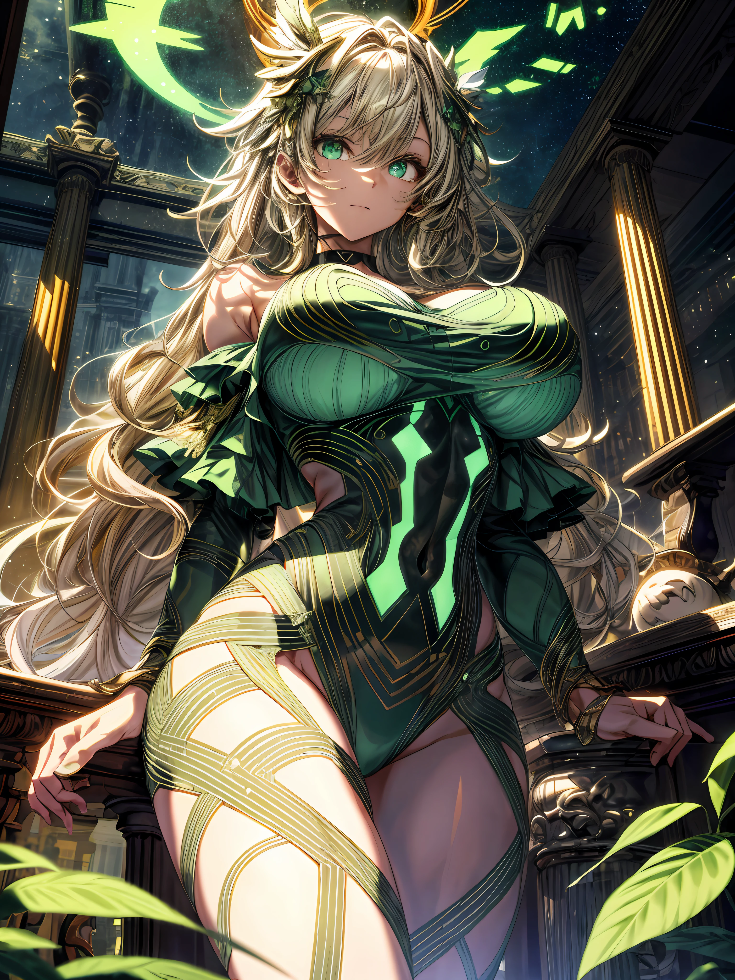 (best lighting) , (super-complex details) , 4K unified, (super-detailed CG: 1.2) , (8K: 1.2),(original), (masterpiece) , (best quality),(Masterpiece:1.4),Anime-ish high quality,(masterpiece),masterpiece, solo, best quality, absurdres,((Masterpeace, 4k, 8k, highres)),((masterpiece:1.4, best quality:1.2)),Masterpiece, (((masterpiece))), (((best quality))),1 girl, (Masterpiece), (high quality), (ultra-detailed), amazing giant goddess, glowing halo, giantess, green eyes, glowing eyes, epic, angel wings, choker, blonde hair, wavy hair, very long hair, huge boobs, skinny waist, long legs, clouds, vibrant colors, stars, Rnatin, glowing, glowing eyes, green eyes