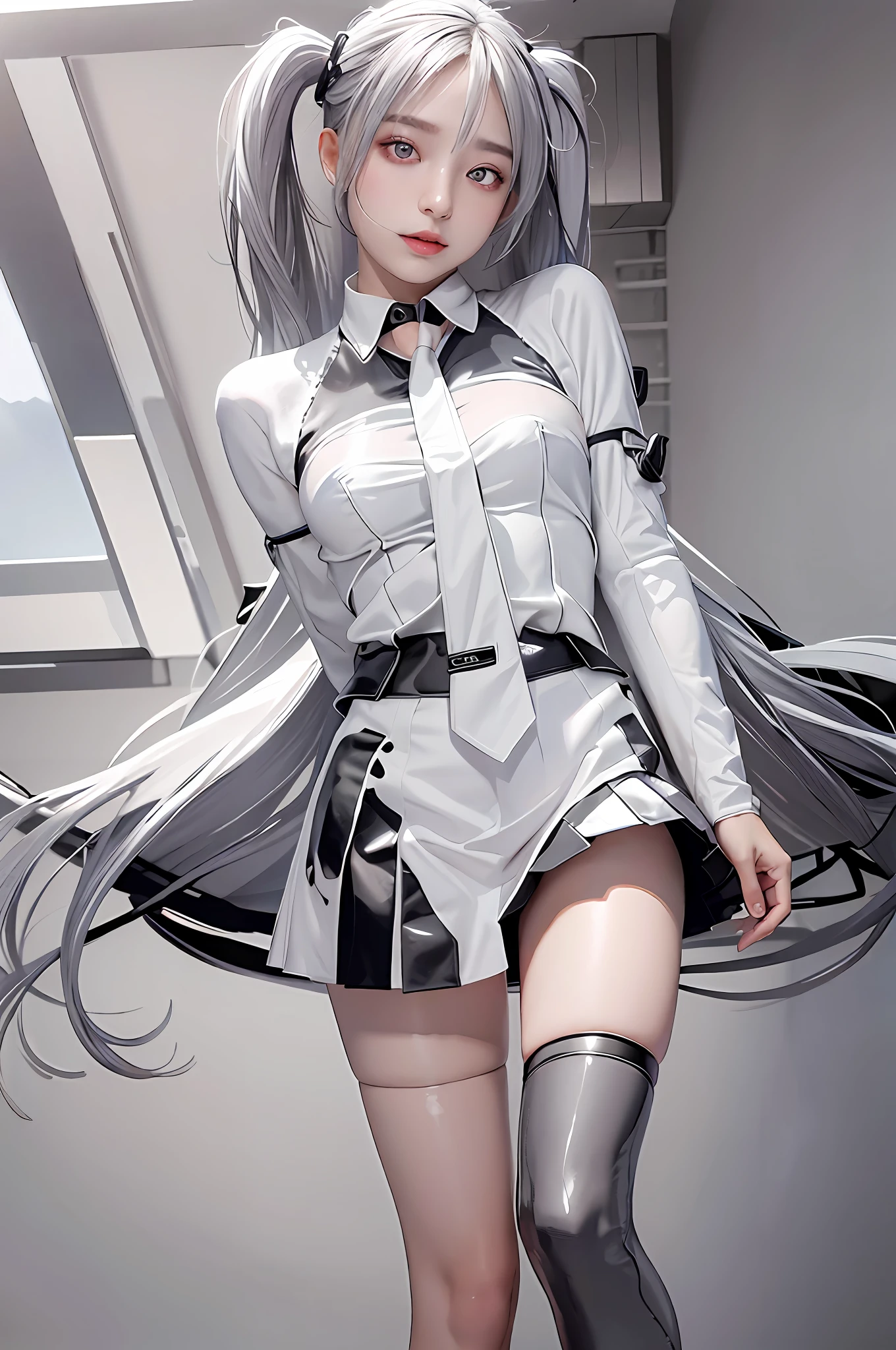 white jacket, black skirt, photorealistic, high resolution, 1 girl, gray hair, korean, heterochromic eyes, small moles under the eyes,