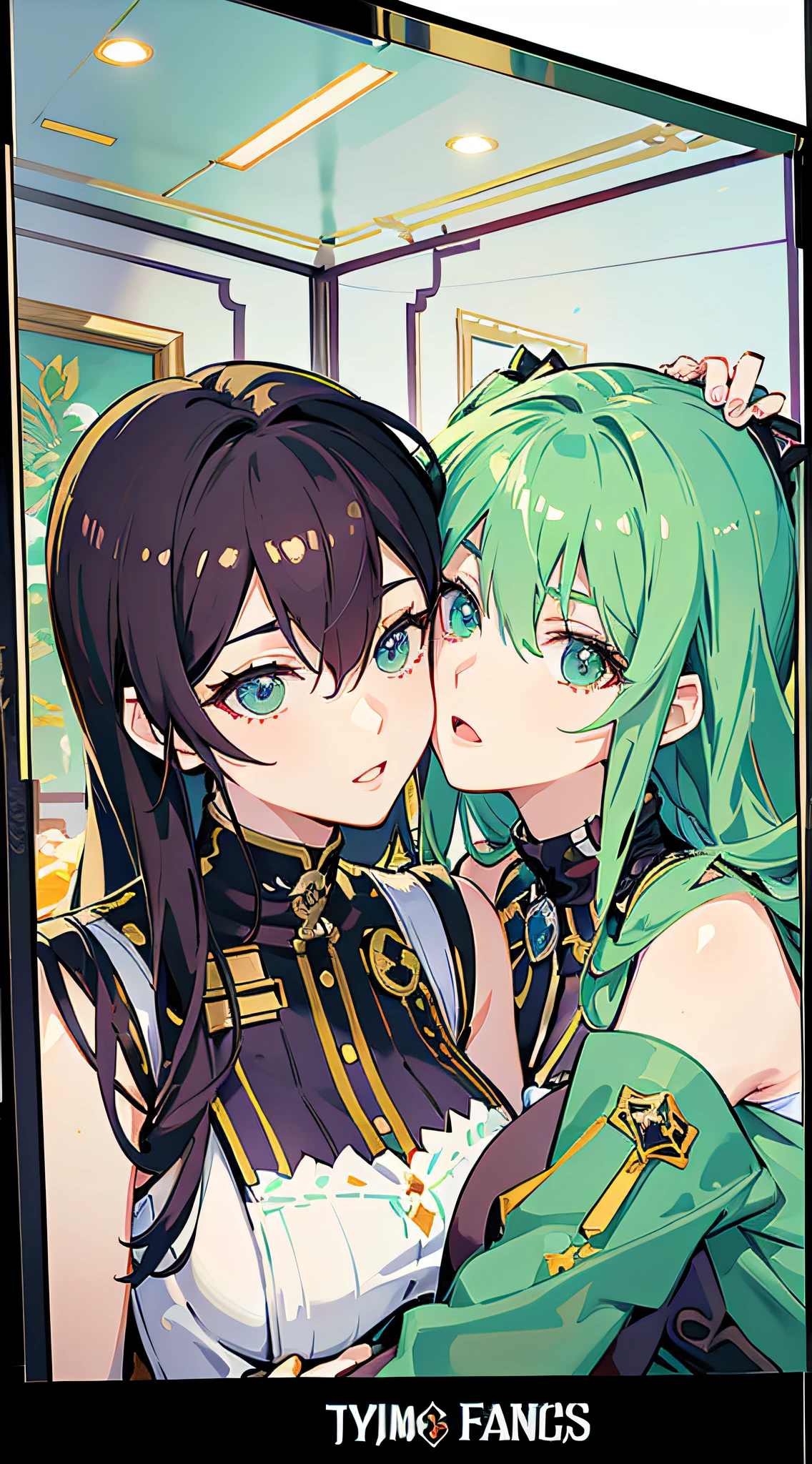 anime - style picture of two girls kissing in a room, ayaka genshin impact, wlop and sakimichan, genshin, jazza and rossdraws, official artwork, high detailed official artwork, detailed key anime art, highly detailed exquisite fanart, two beautiful anime girls, detailed digital anime art, keqing from genshin impact