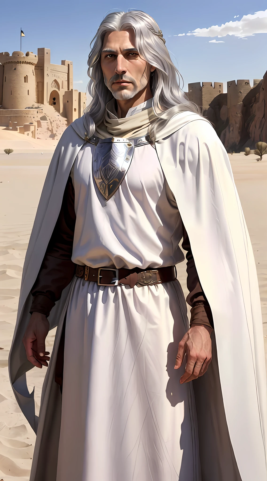 A man, (((soil))), (middle-aged, 50 years, tall, thin man, has long white hair, Persian features, pointed nose), (a king, with full silver armor, a white cloak, is in his castle in the desert), Persian king