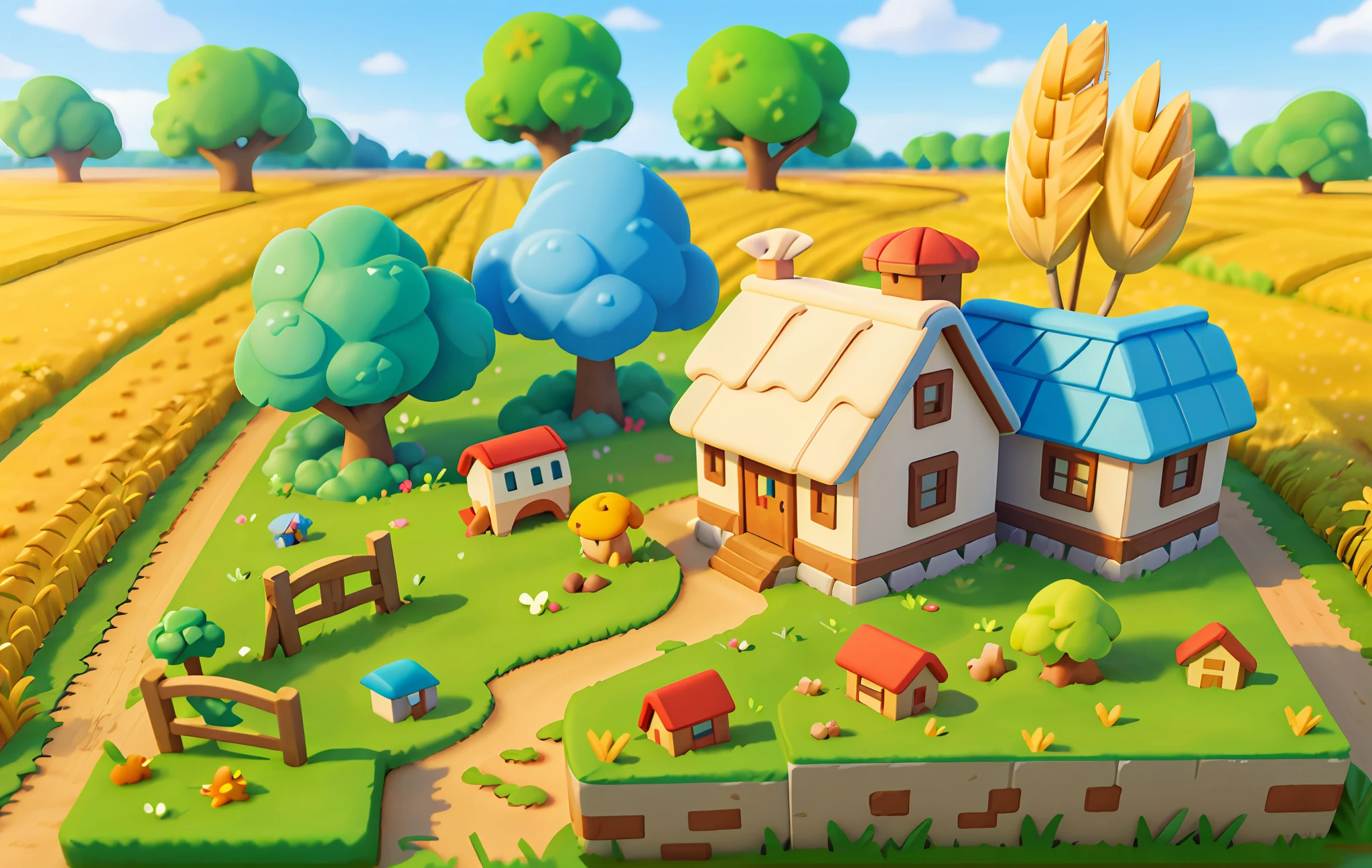 (Micro farm landscape), (isometric: 1), cartoon style, (sandbox game style), (white background), best quality, wheat field, lights, clear sky, outdoor, landscape, clouds, sky, grass,3D, 8k, HDR, HD, movie grain. Blue sky, white clouds, small trees, clean background, Pokémon style