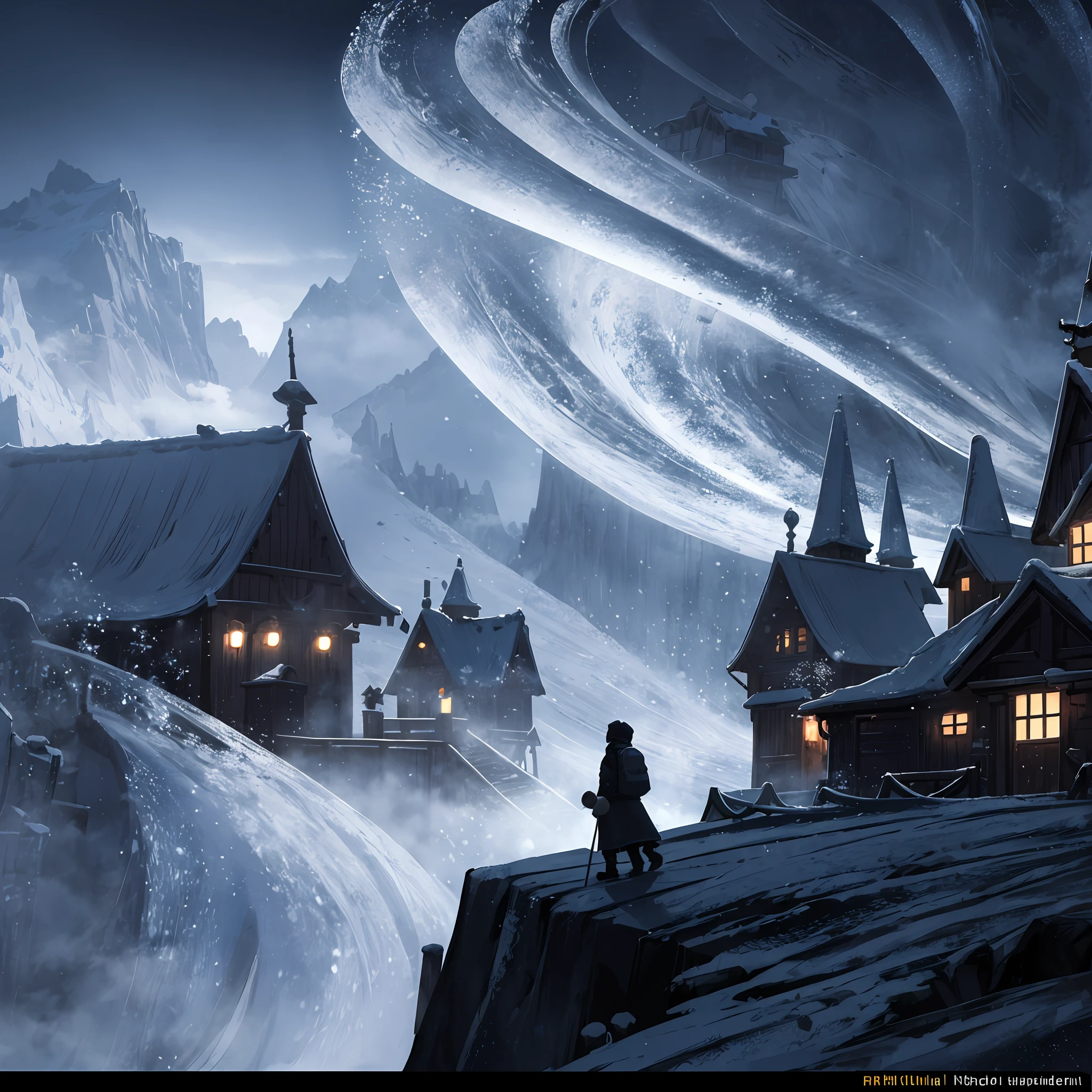 Dark Christmas, North Pole, Mountain with Fog, Dark, Terror, Macabre Village, Beggar, Hyper-realistic, Village with Many Houses, Great Quality, Beggar Walking the Streets, Mist --auto --s2