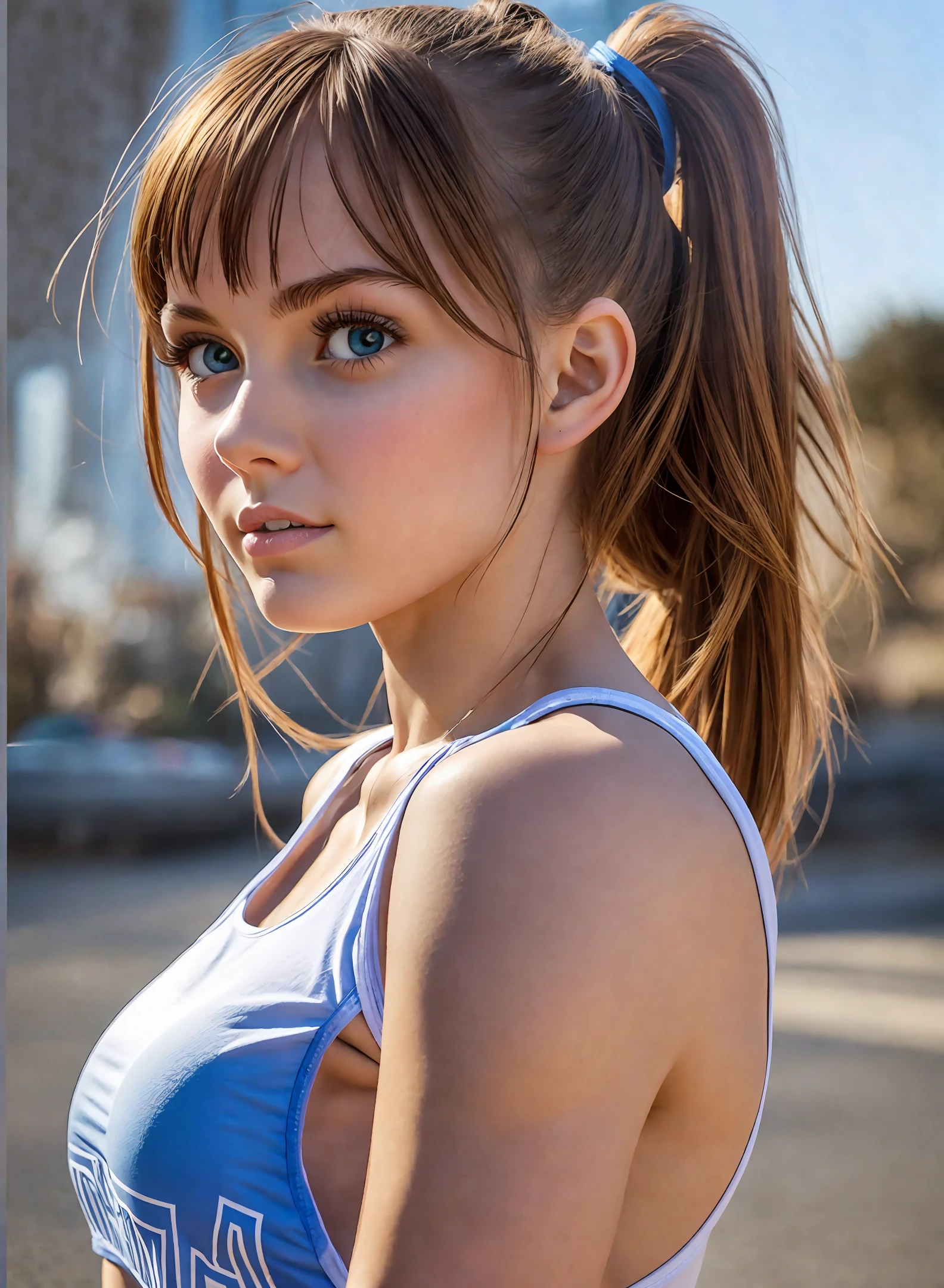 Russian girl with a T-shirt body fitness.:: photorealistic::1 natural lighting::1 telephoto lens::2 --v 4 --quality 2 --auto --s2